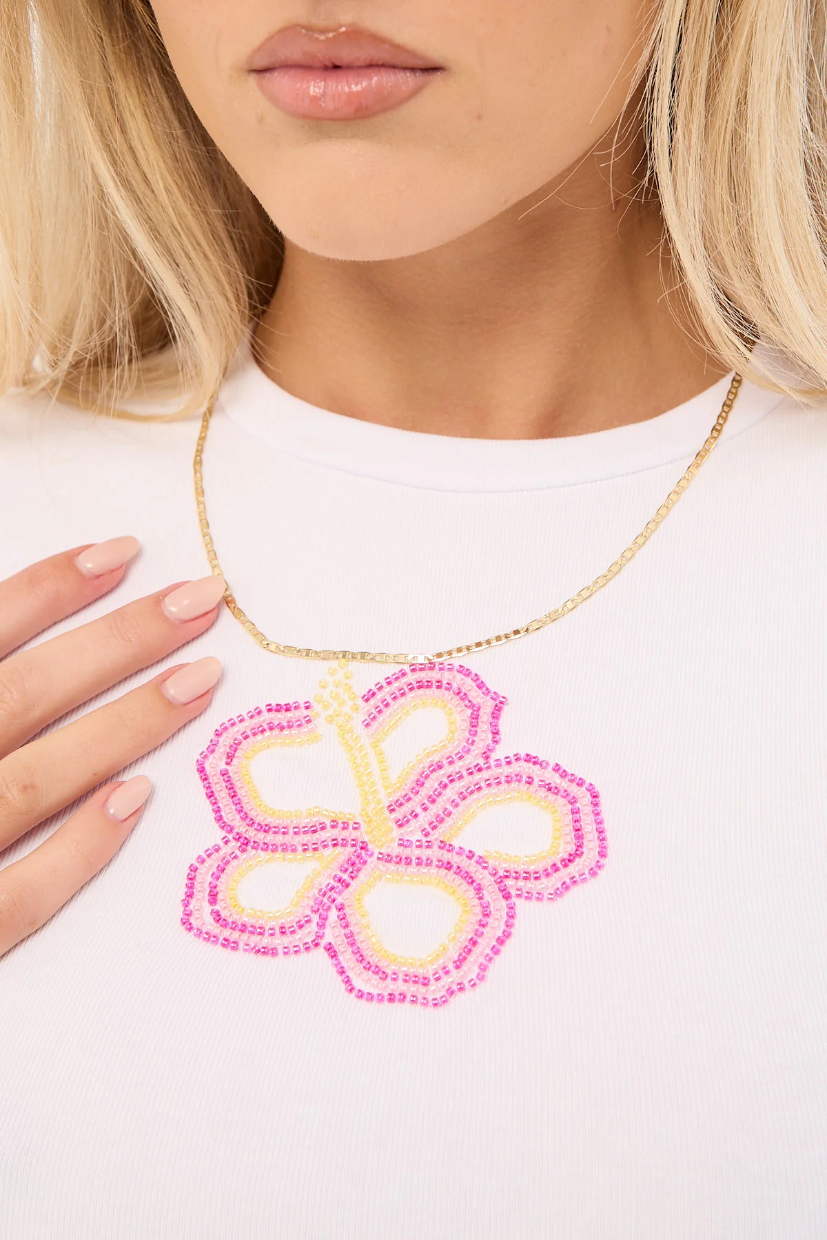 Luck & Trouble Flower Beaded Baby Tee White - Image 4