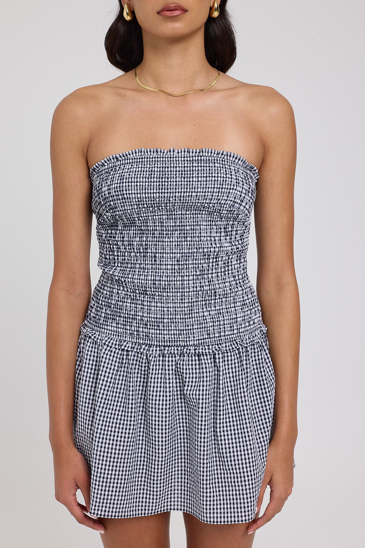 Luck & Trouble Frankie Shirred Mini Dress Navy Gingham - Image 7