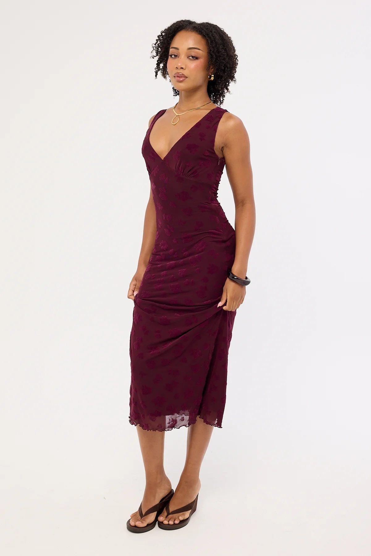 Luck & Trouble Gia Flocked Midi Dress Dark Burgundy - Image 3