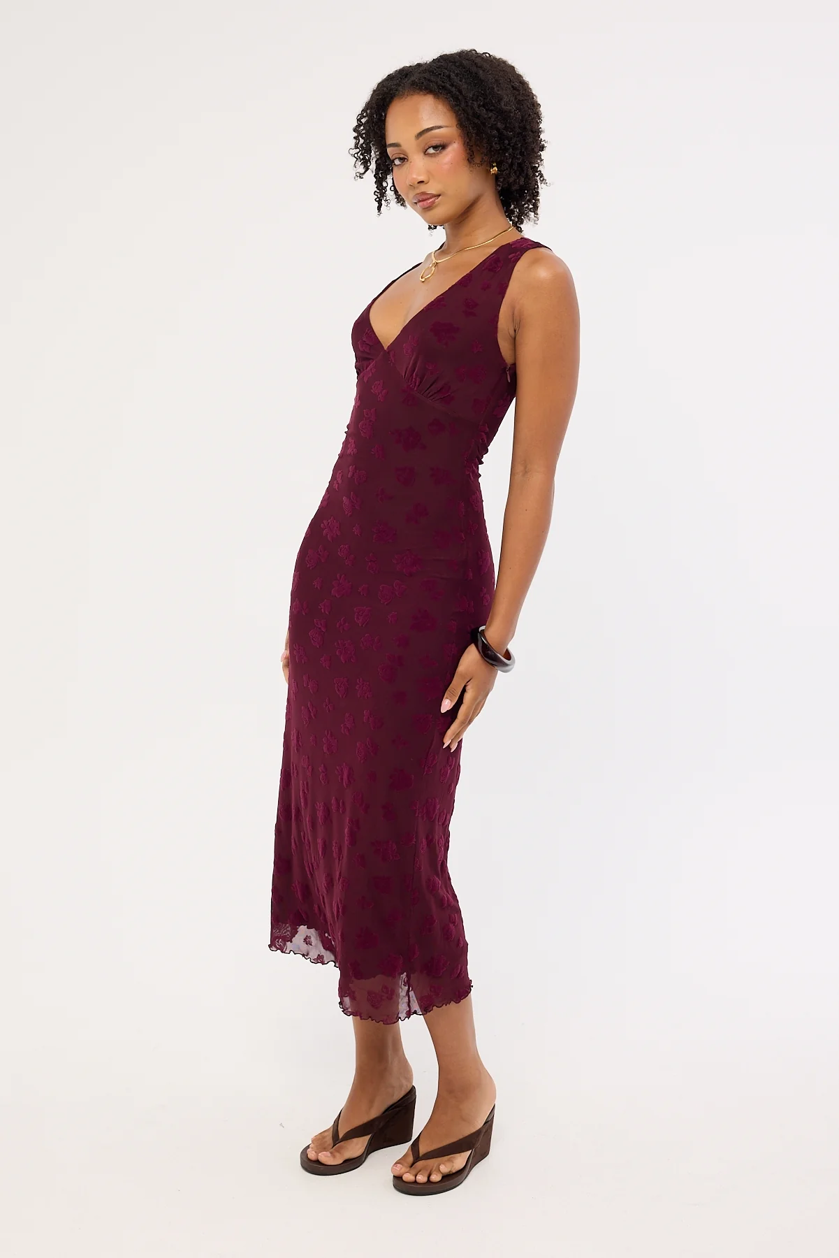Luck & Trouble Gia Flocked Midi Dress Dark Burgundy - Image 4