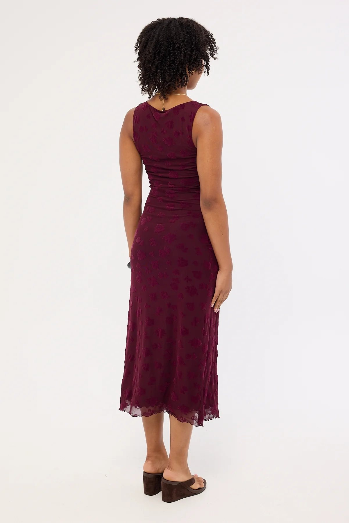 Luck & Trouble Gia Flocked Midi Dress Dark Burgundy - Image 5