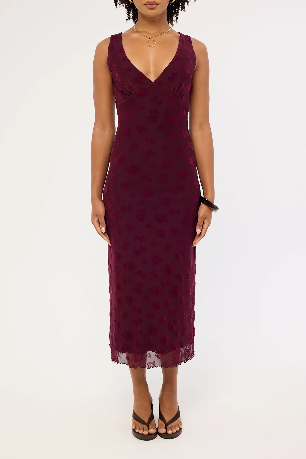 Luck & Trouble Gia Flocked Midi Dress Dark Burgundy - Image 6