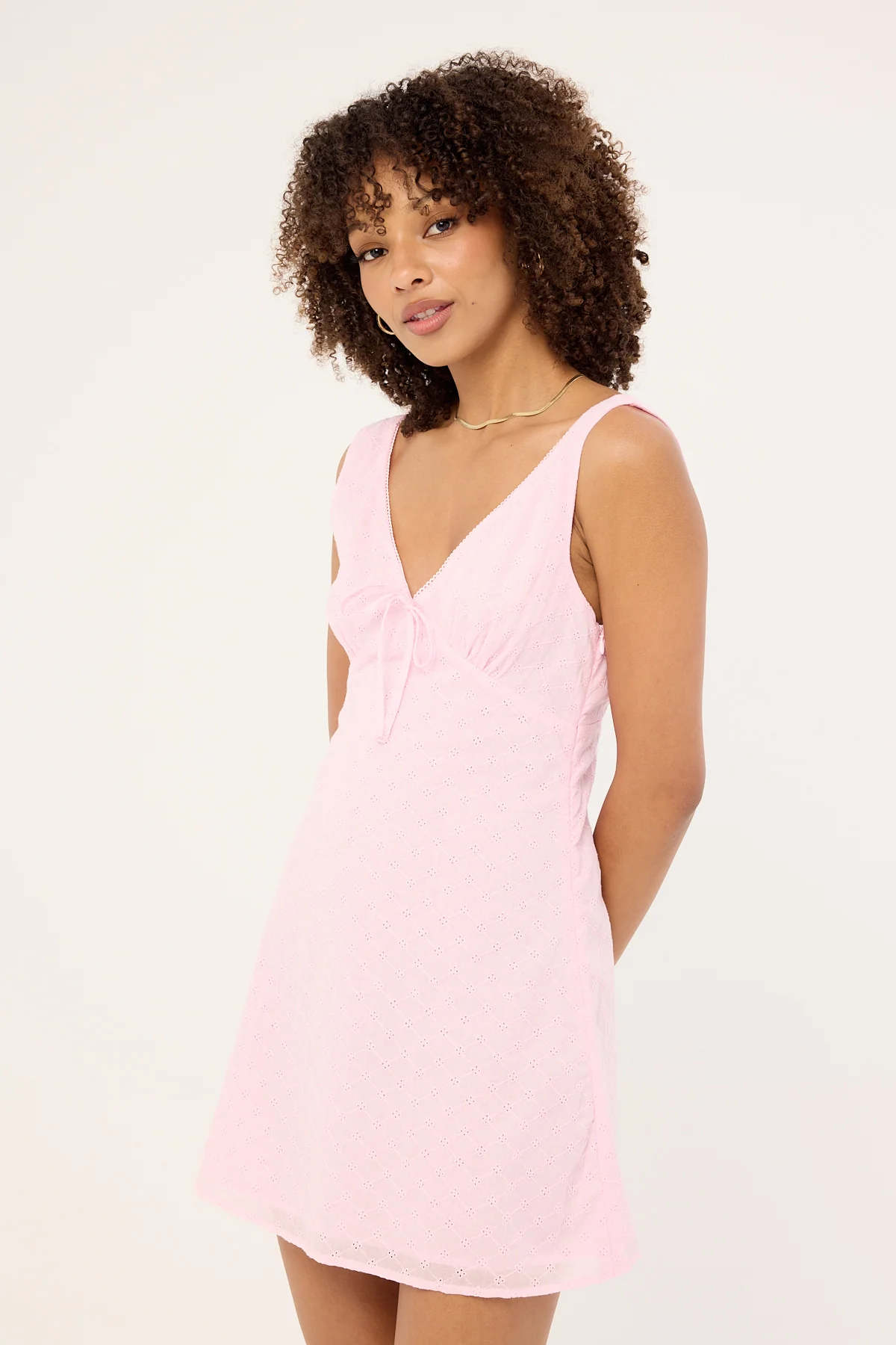 Luck & Trouble Gracie V Neck Broderie Mini Dress Pink - Image 4