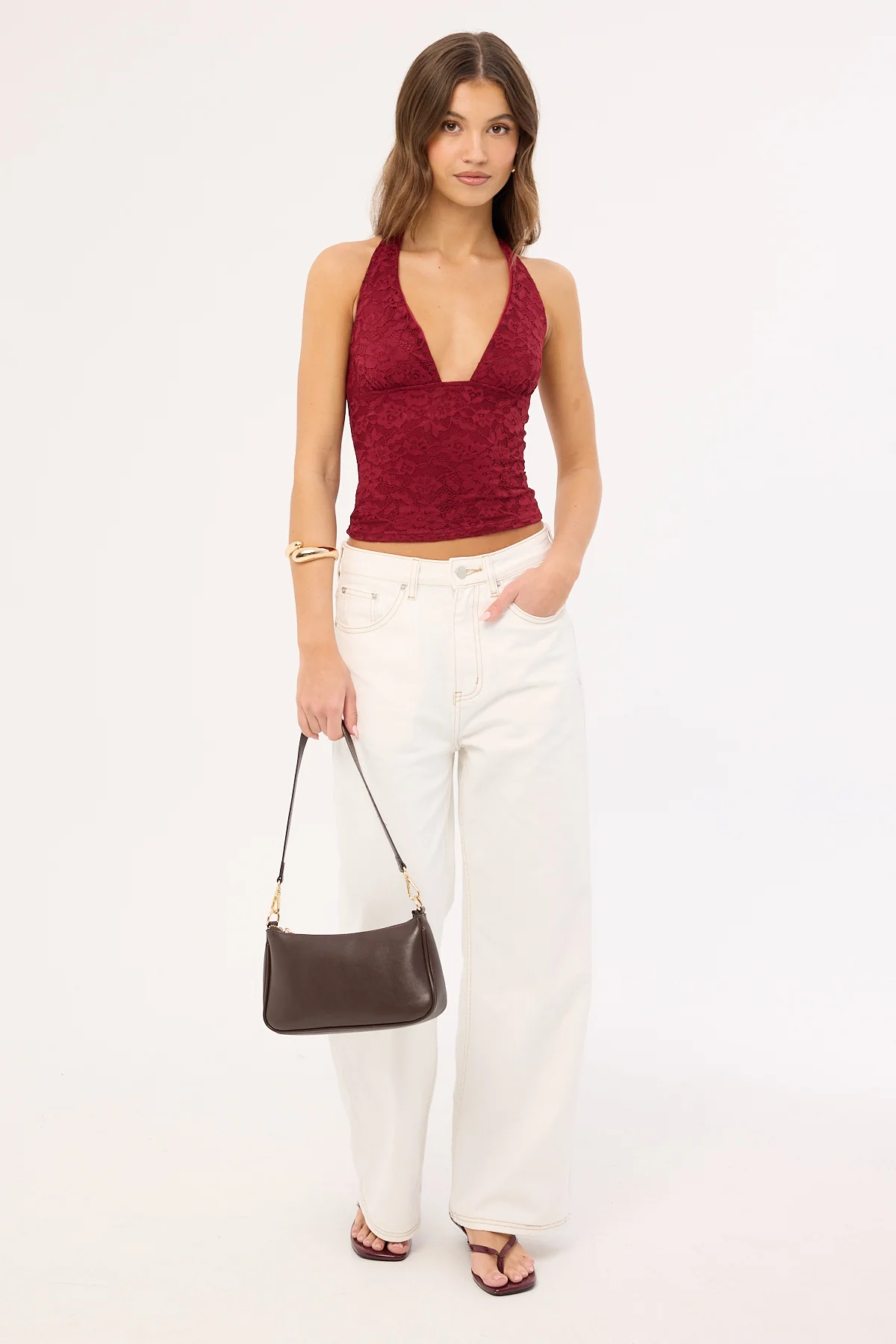 Luck & Trouble Heather Lace Halter Top Burgundy - Image 5
