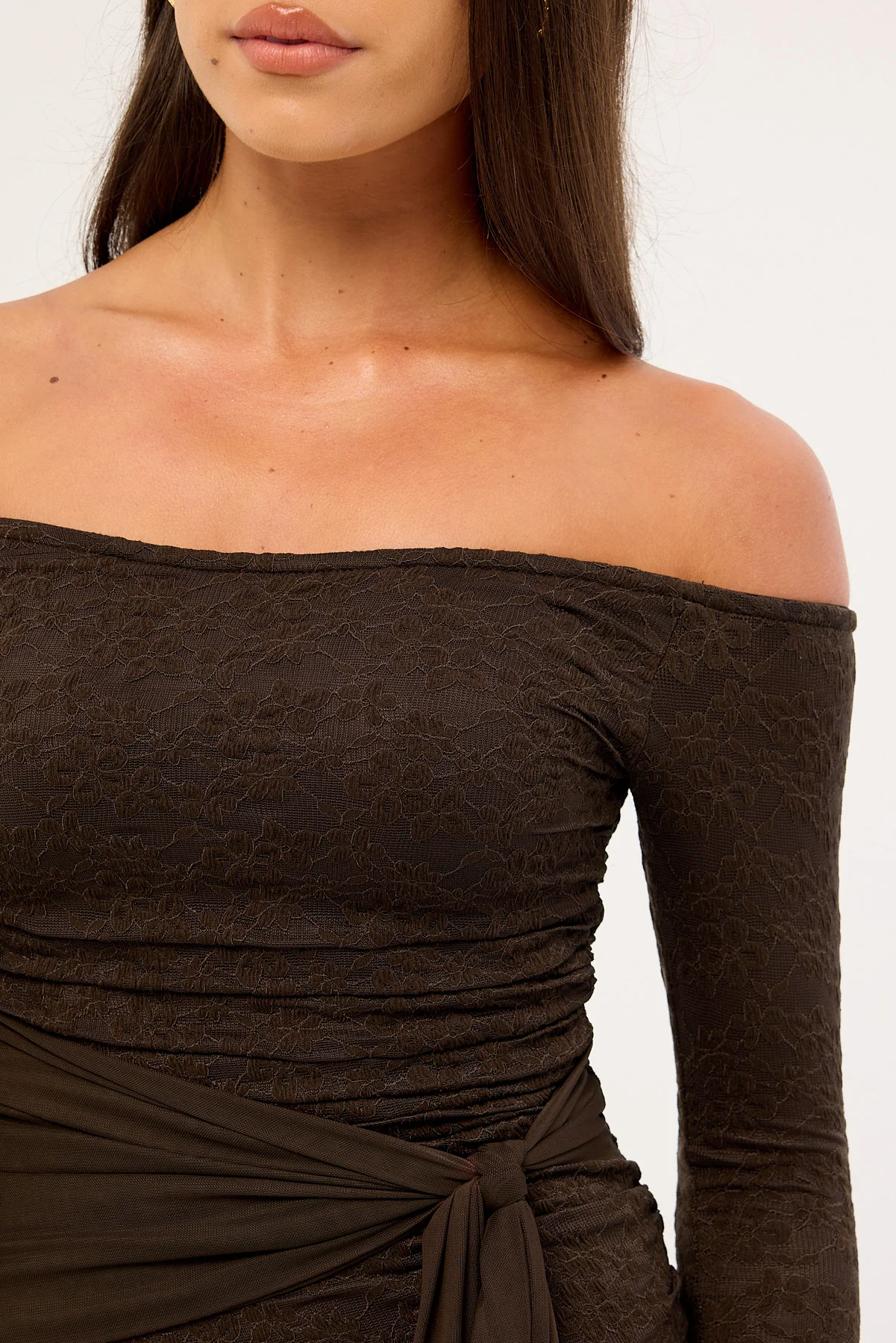 Luck & Trouble Hollie Lace Long Sleeve Mini Dress Brown - Image 3