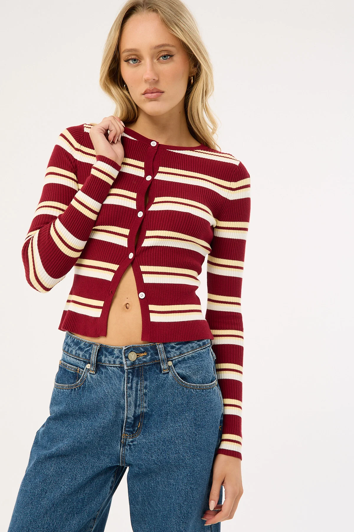 Luck & Trouble Indie Long Sleeve Knit Top Burgundy Stripe - Image 5