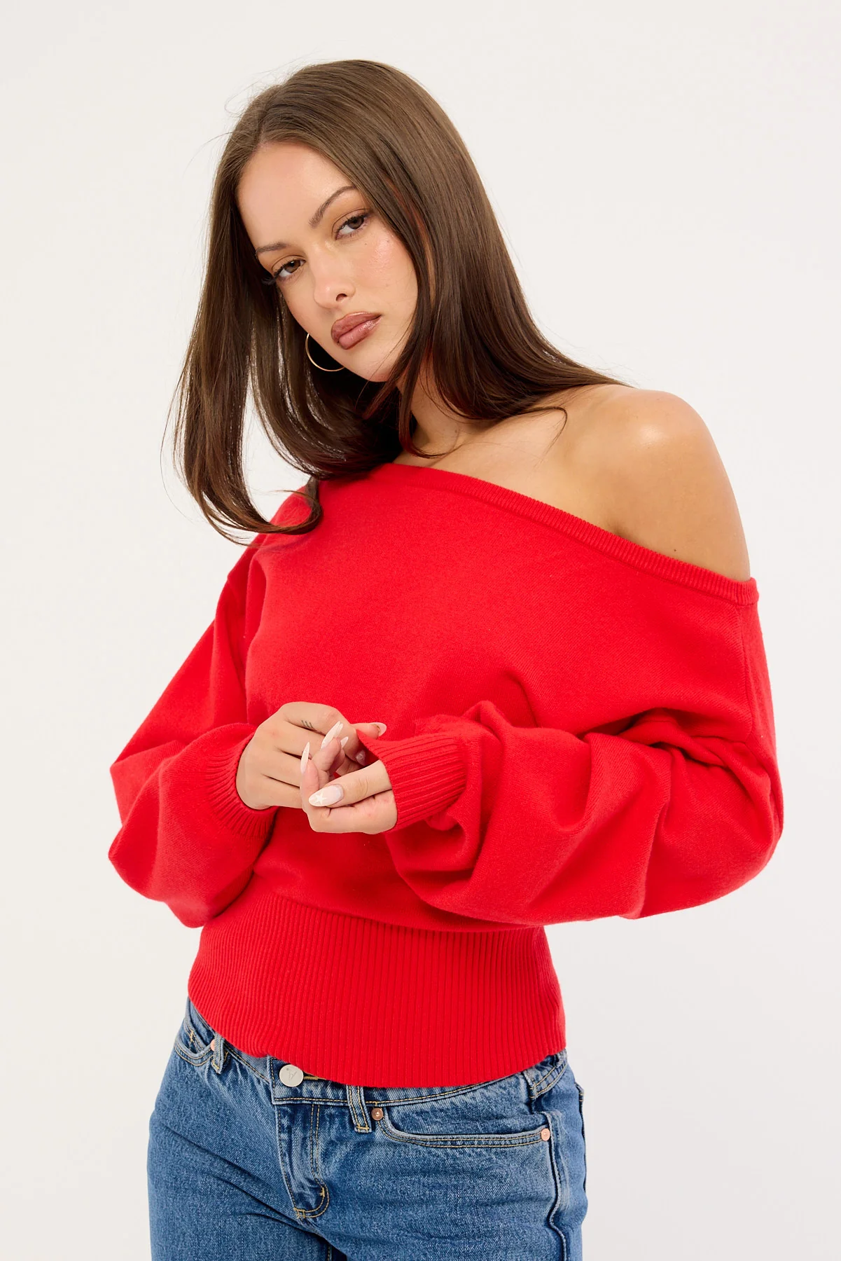 Luck & Trouble Jean Off shoulder Knit Red - Image 4