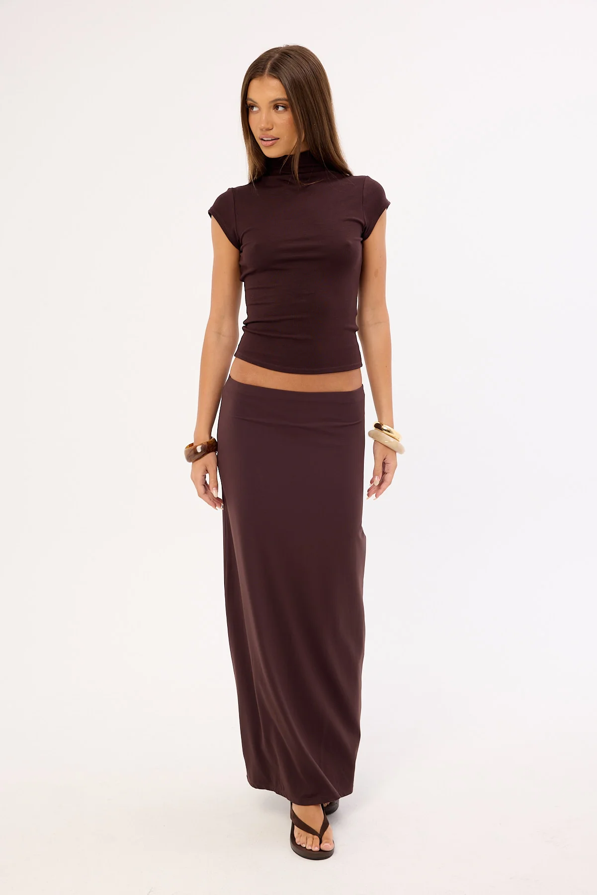 Luck & Trouble Jersey Recycled Mid Rise Maxi Skirt Brown