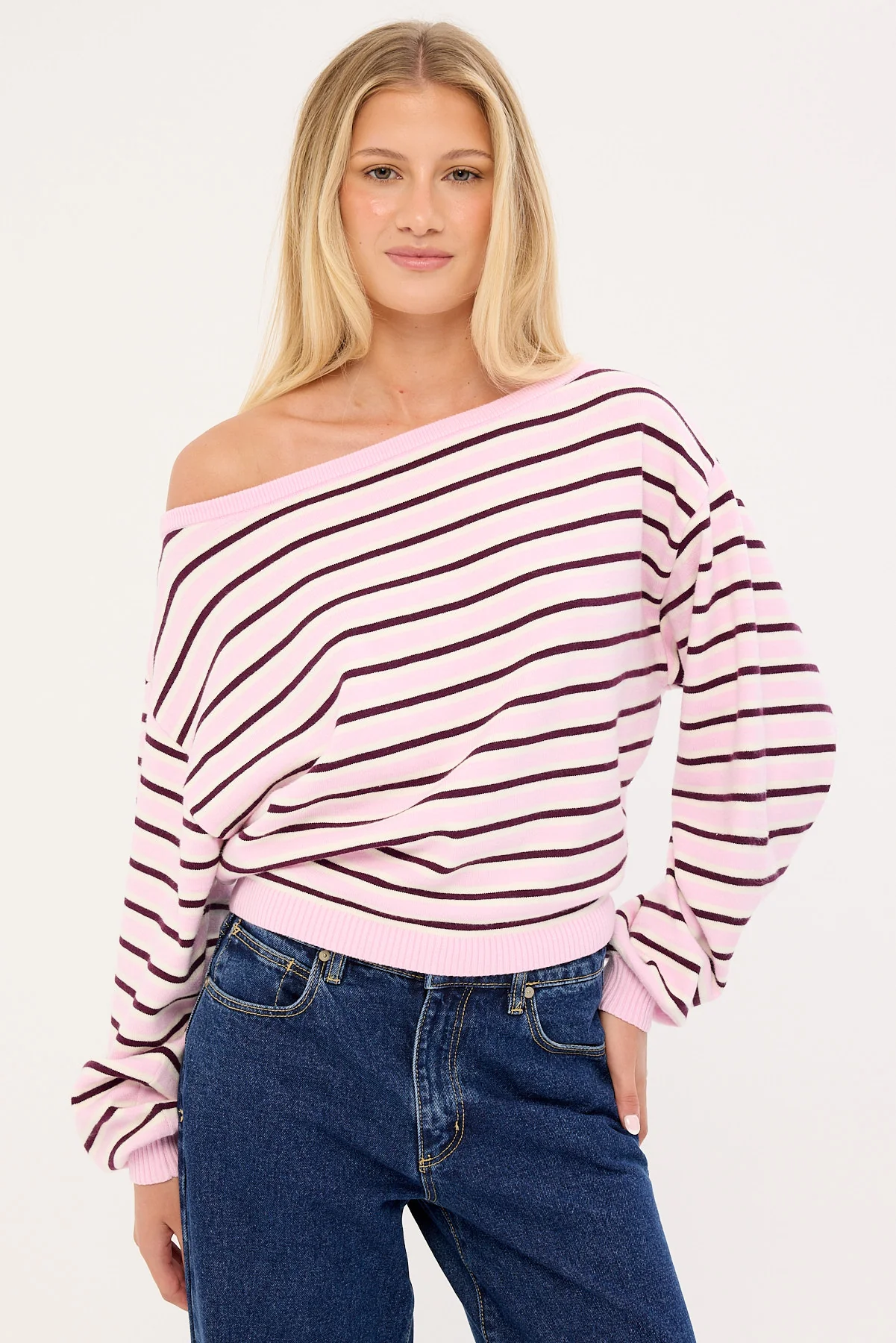 Luck & Trouble Kiki Slouched Off shoulder Knit Pink Stripe