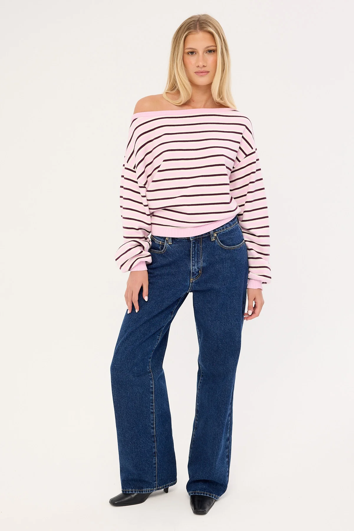 Luck & Trouble Kiki Slouched Off shoulder Knit Pink Stripe - Image 2