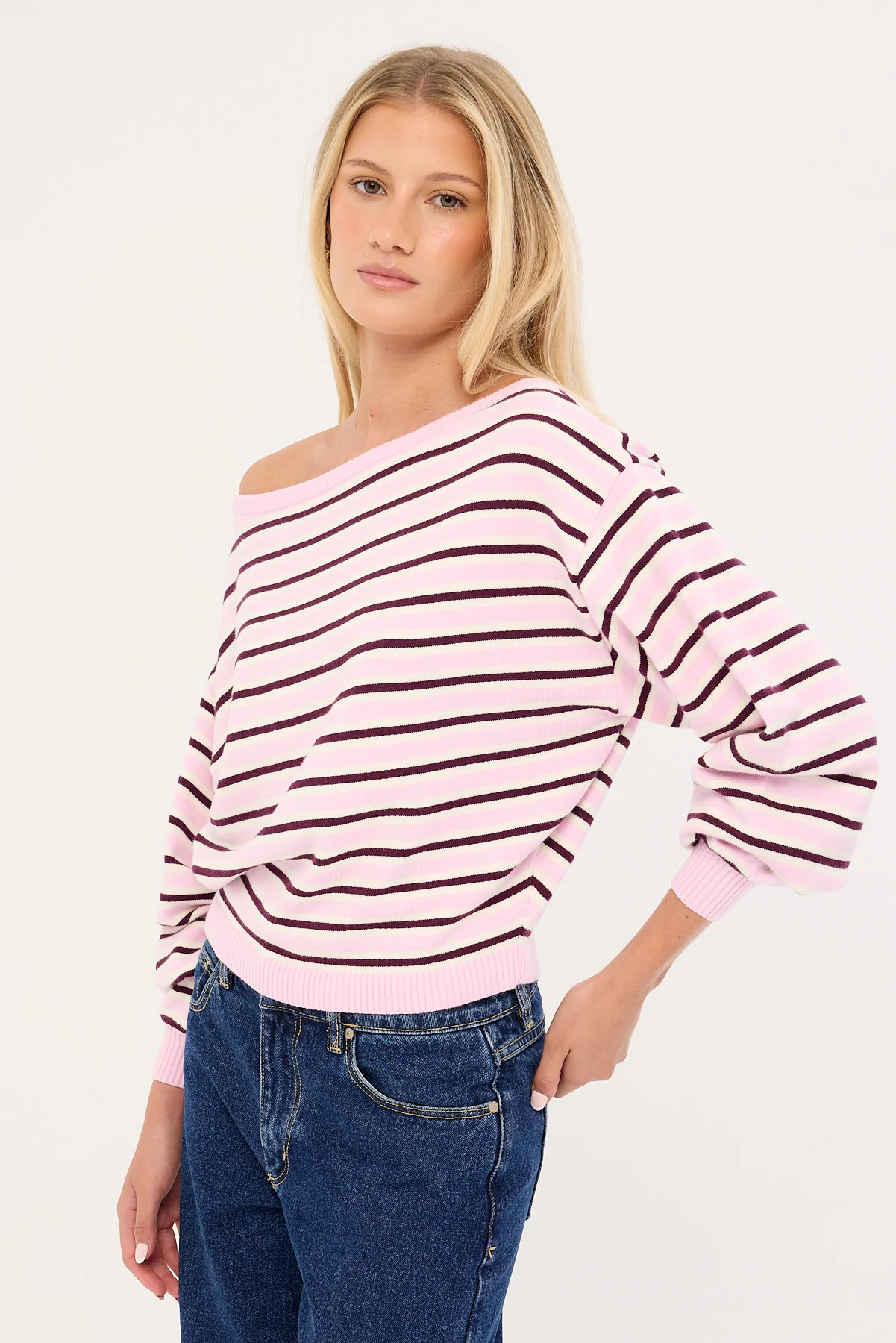 Luck & Trouble Kiki Slouched Off shoulder Knit Pink Stripe - Image 4