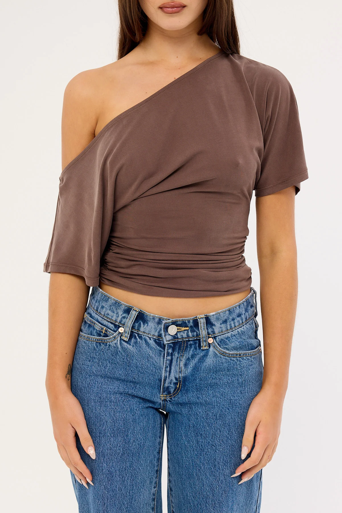 Luck & Trouble Leo Ruched Off Shoulder T-shirt Brown - Image 6