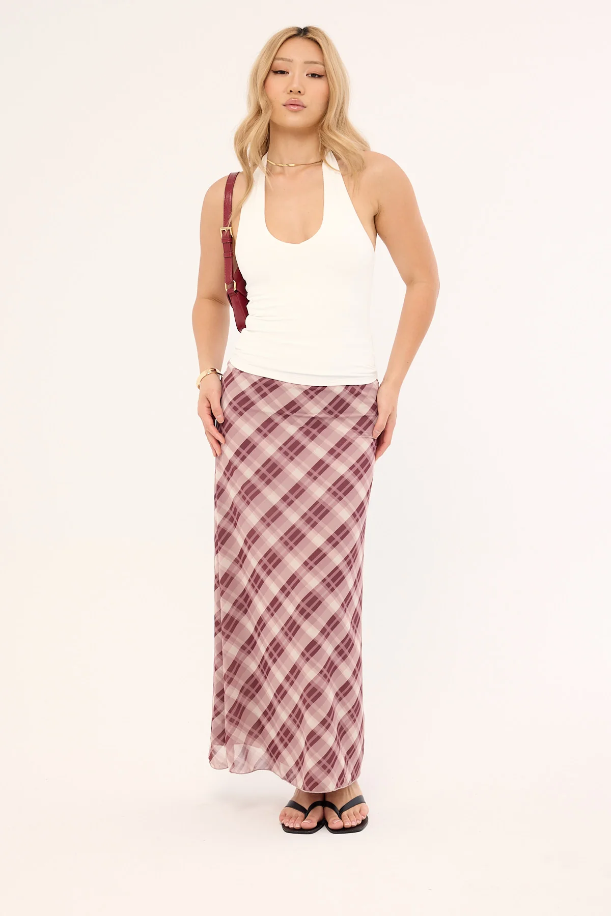 Luck & Trouble Linear Check Maxi Skirt Burgundy Print - Image 2