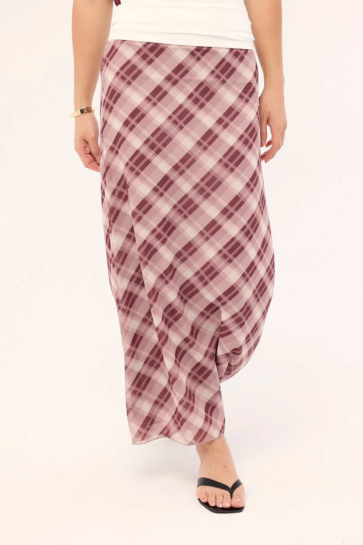 Luck & Trouble Linear Check Maxi Skirt Burgundy Print - Image 3