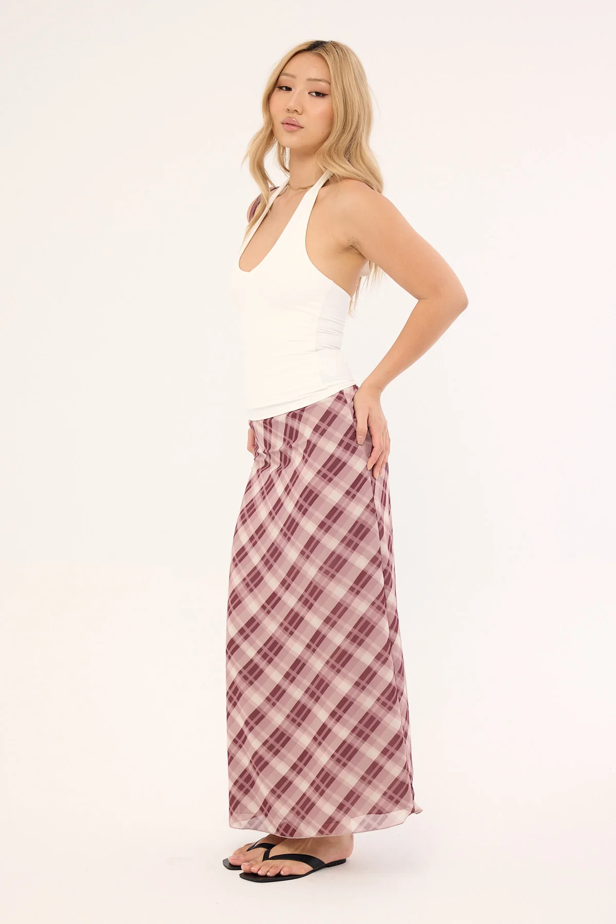 Luck & Trouble Linear Check Maxi Skirt Burgundy Print - Image 5