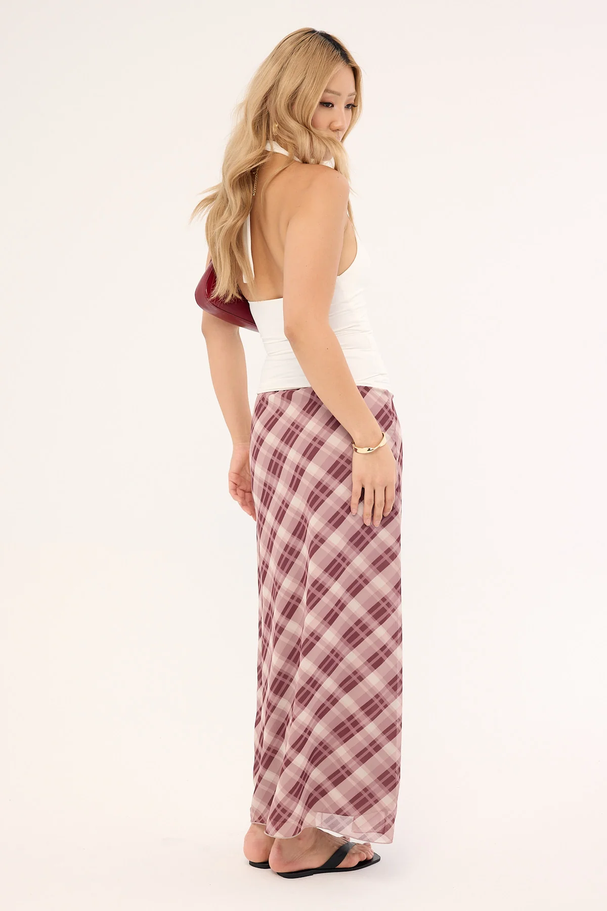 Luck & Trouble Linear Check Maxi Skirt Burgundy Print - Image 6