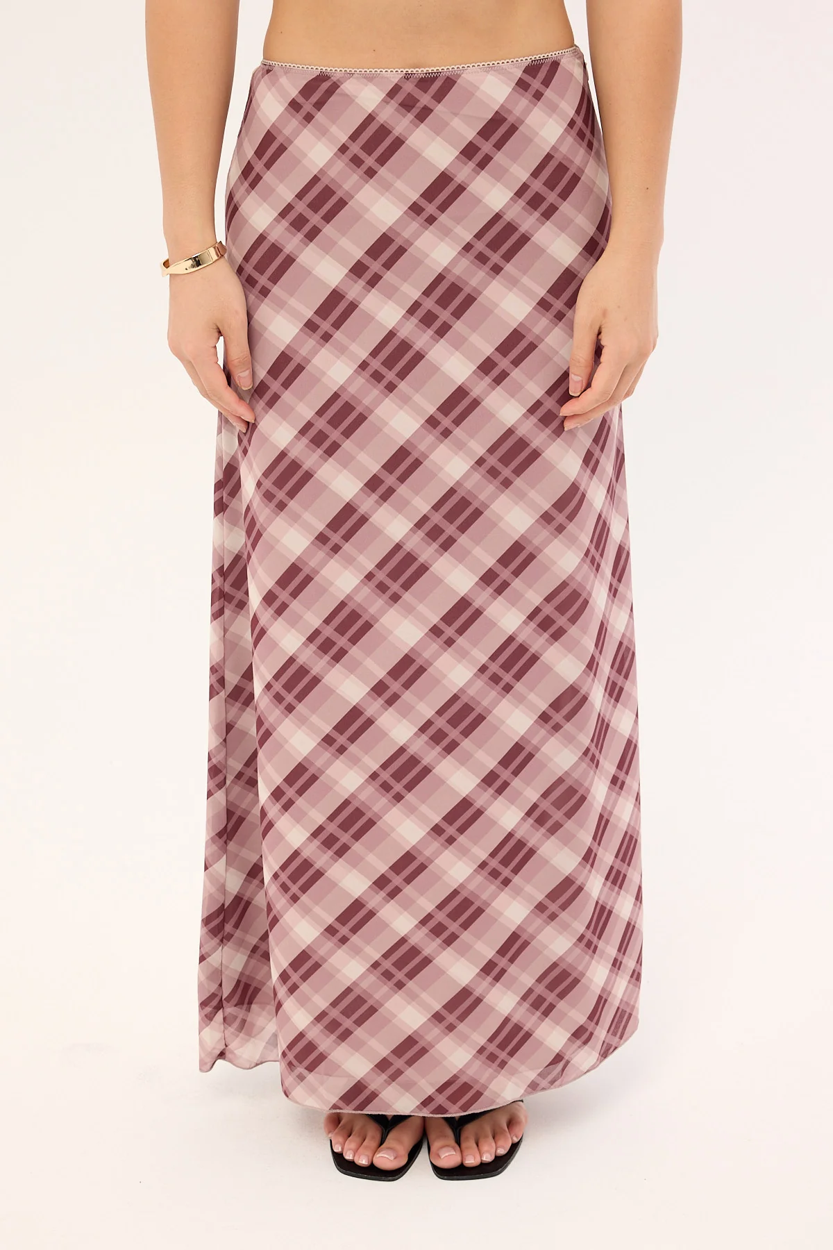 Luck & Trouble Linear Check Maxi Skirt Burgundy Print - Image 8