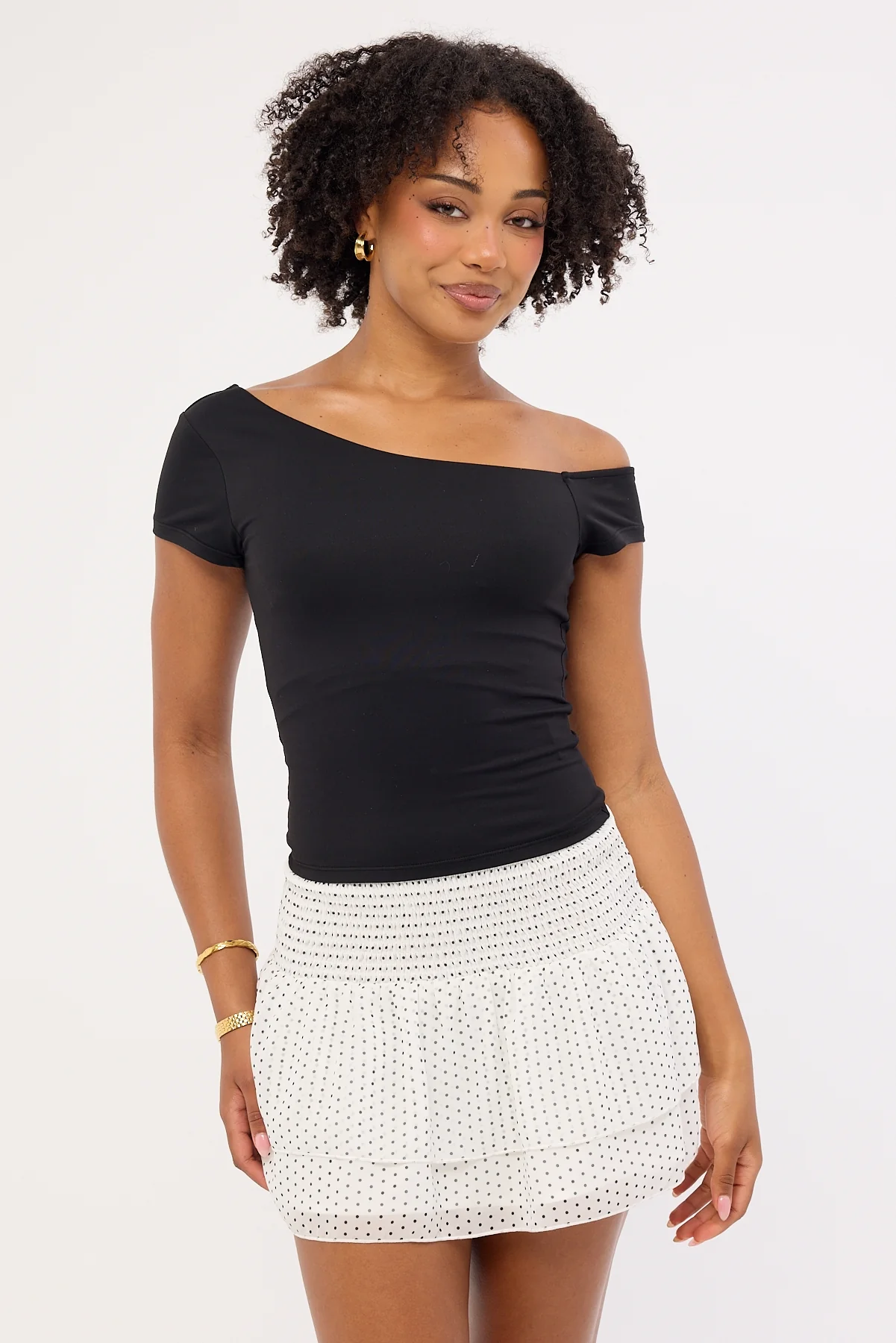 Luck & Trouble Louise Polka Shirred Mini Skirt White - Image 2