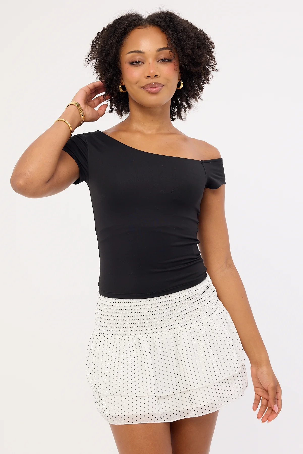 Luck & Trouble Louise Polka Shirred Mini Skirt White - Image 3