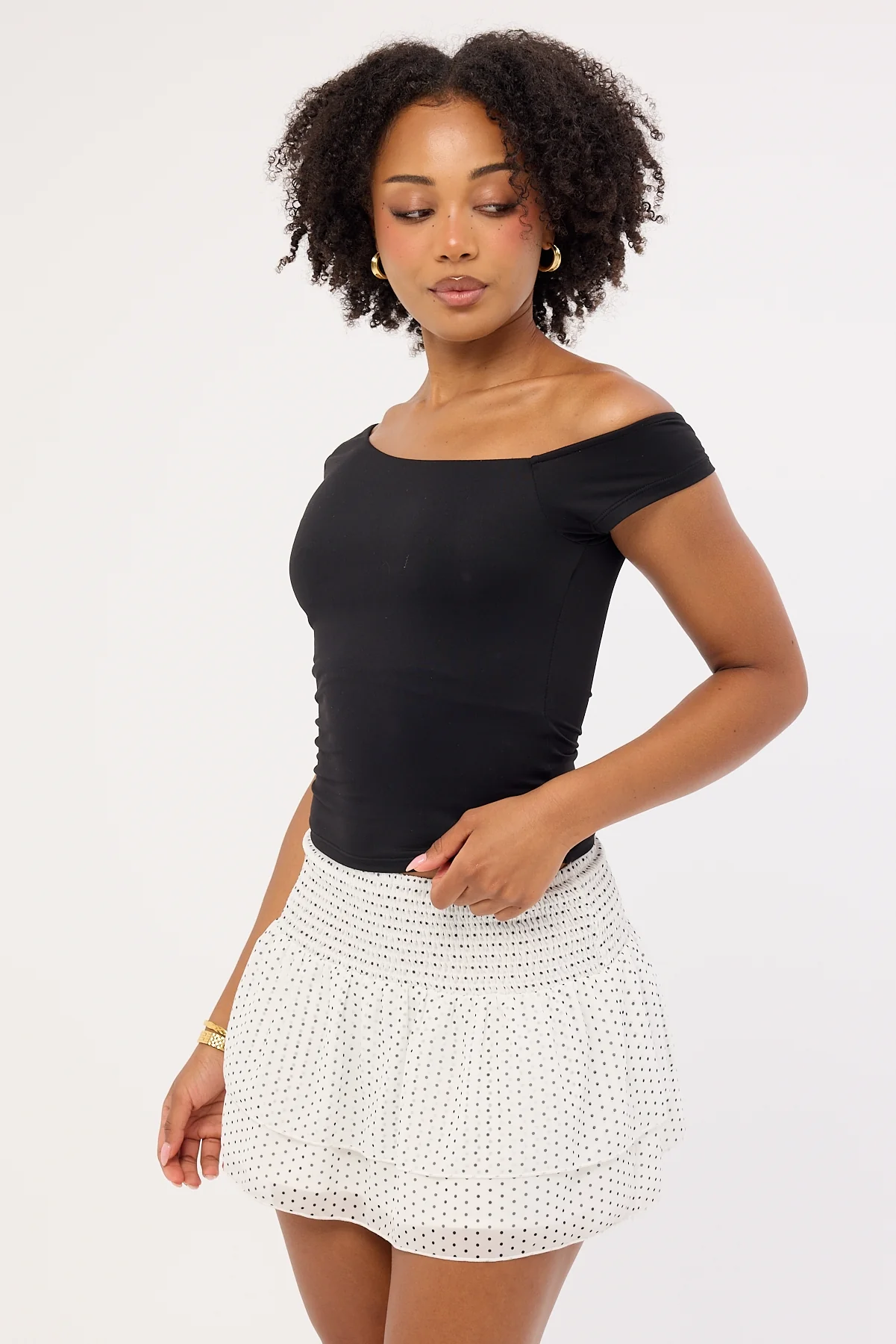 Luck & Trouble Louise Polka Shirred Mini Skirt White - Image 4