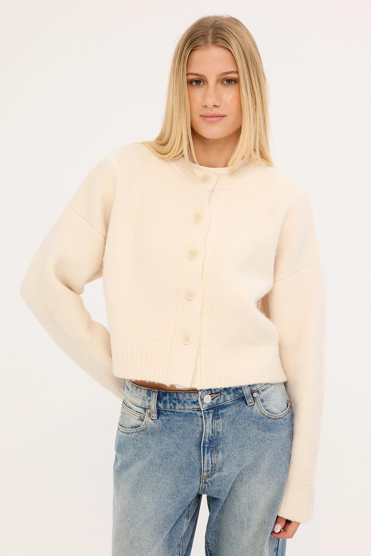 Luck & Trouble Lumia Crew Neck Knit Cardi Cream - Image 7