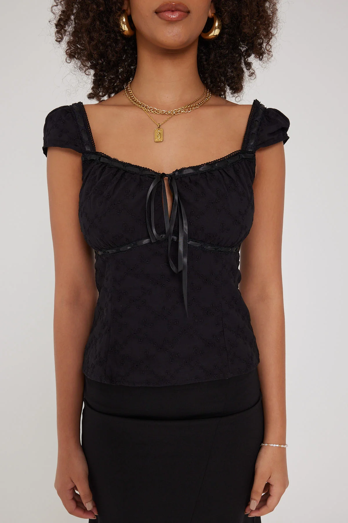 Luck & Trouble Lumina Broderie Cap Sleeve Top Black - Image 7