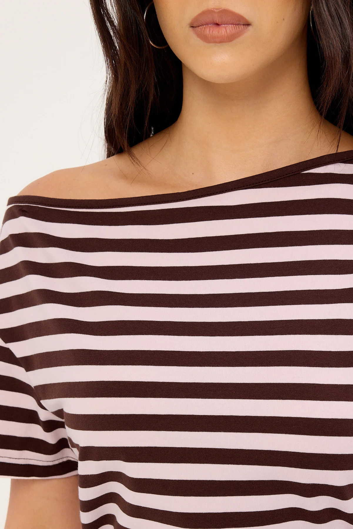 Luck & Trouble Lydia Stripe Off Shoulder T-shirt Brown and Pink - Image 3
