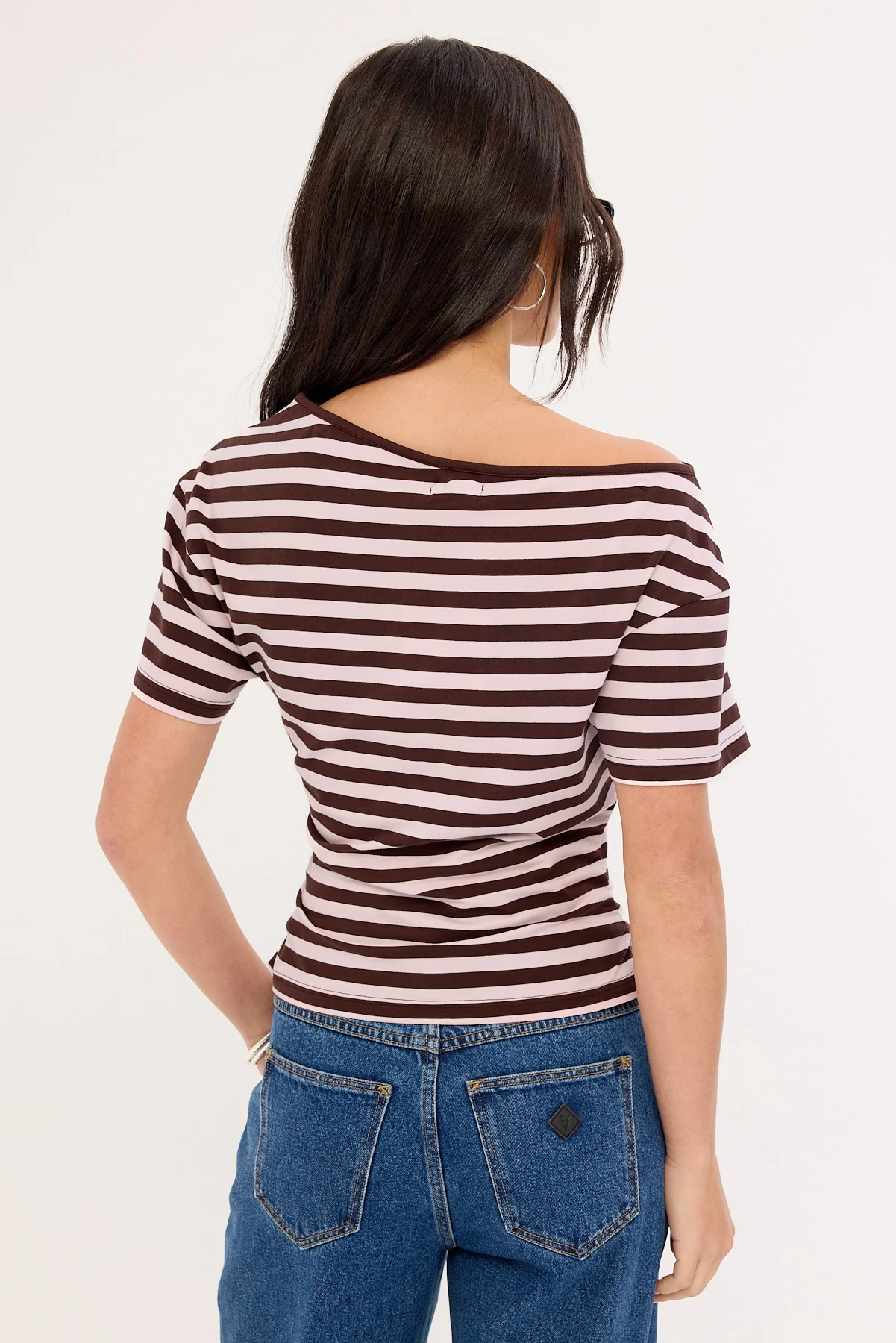 Luck & Trouble Lydia Stripe Off Shoulder T-shirt Brown and Pink - Image 5