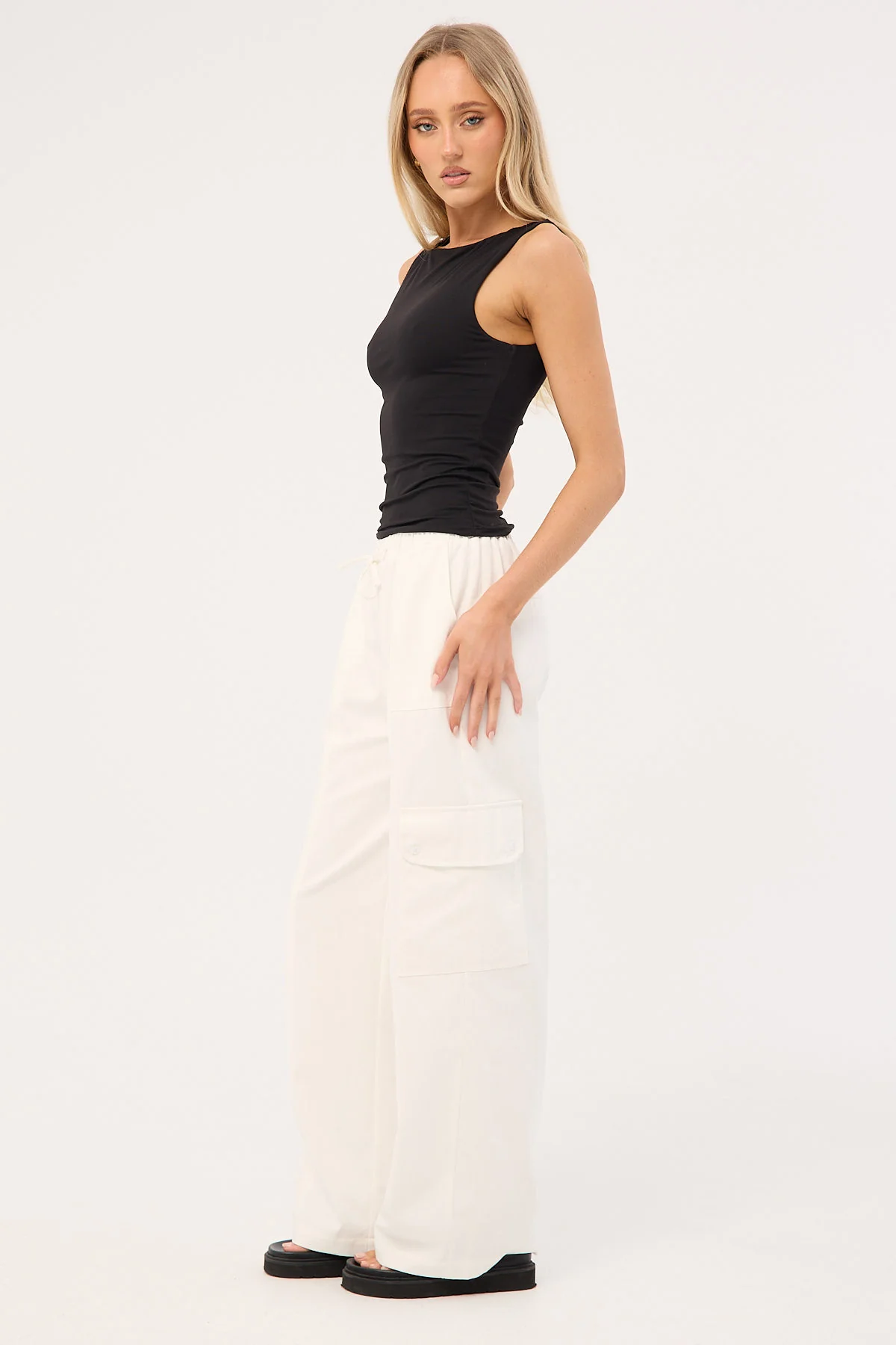 Luck & Trouble Maisy Mid Rise Cargo Pant White - Image 4