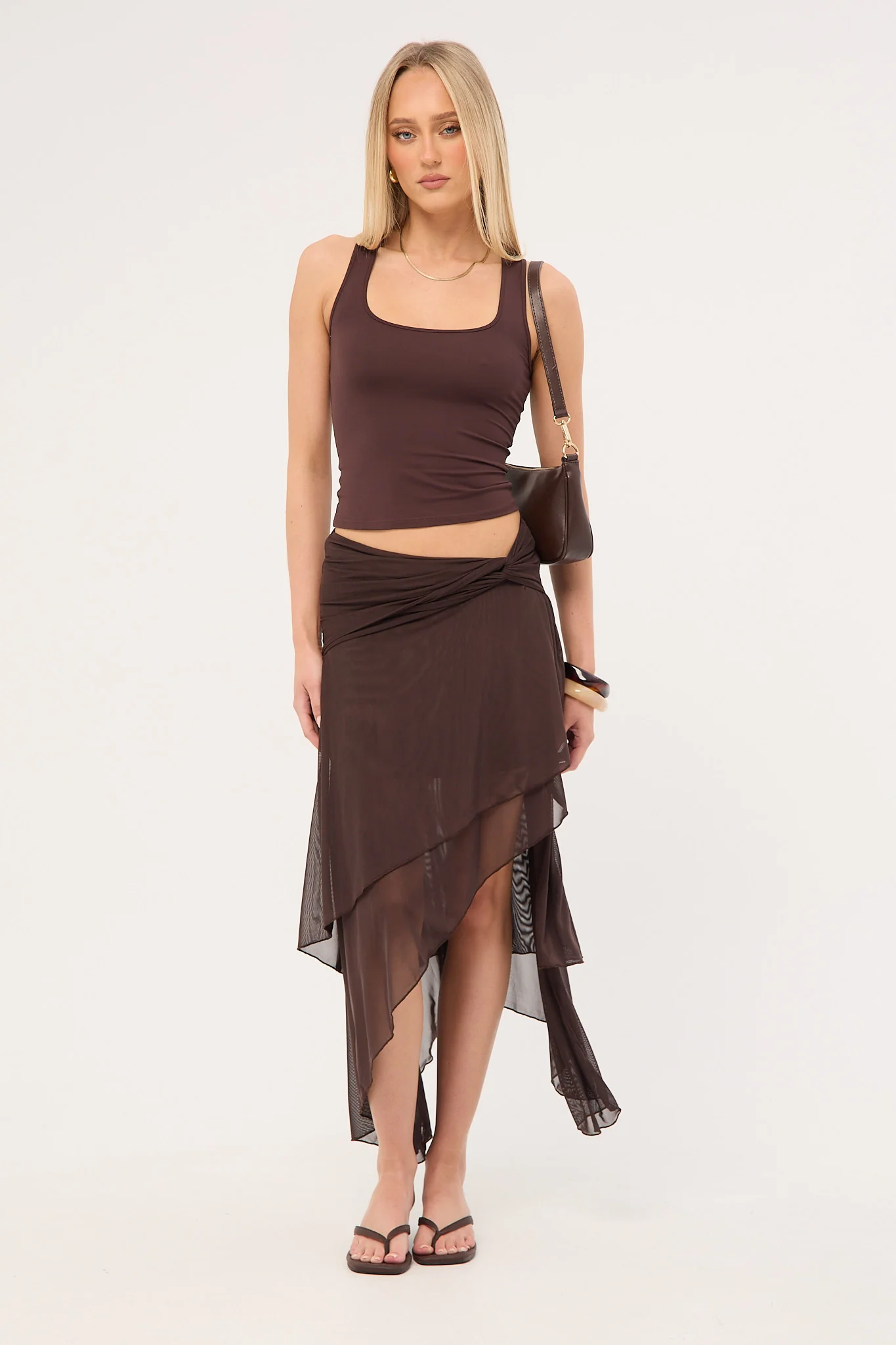 Luck & Trouble Malia Asymmetrical Midi Skirt Brown