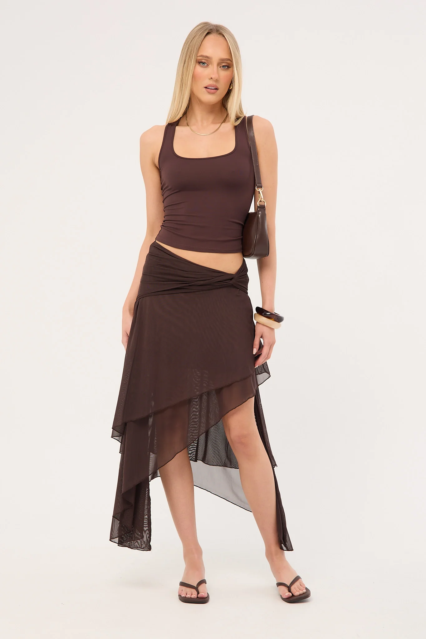 Luck & Trouble Malia Asymmetrical Midi Skirt Brown - Image 2