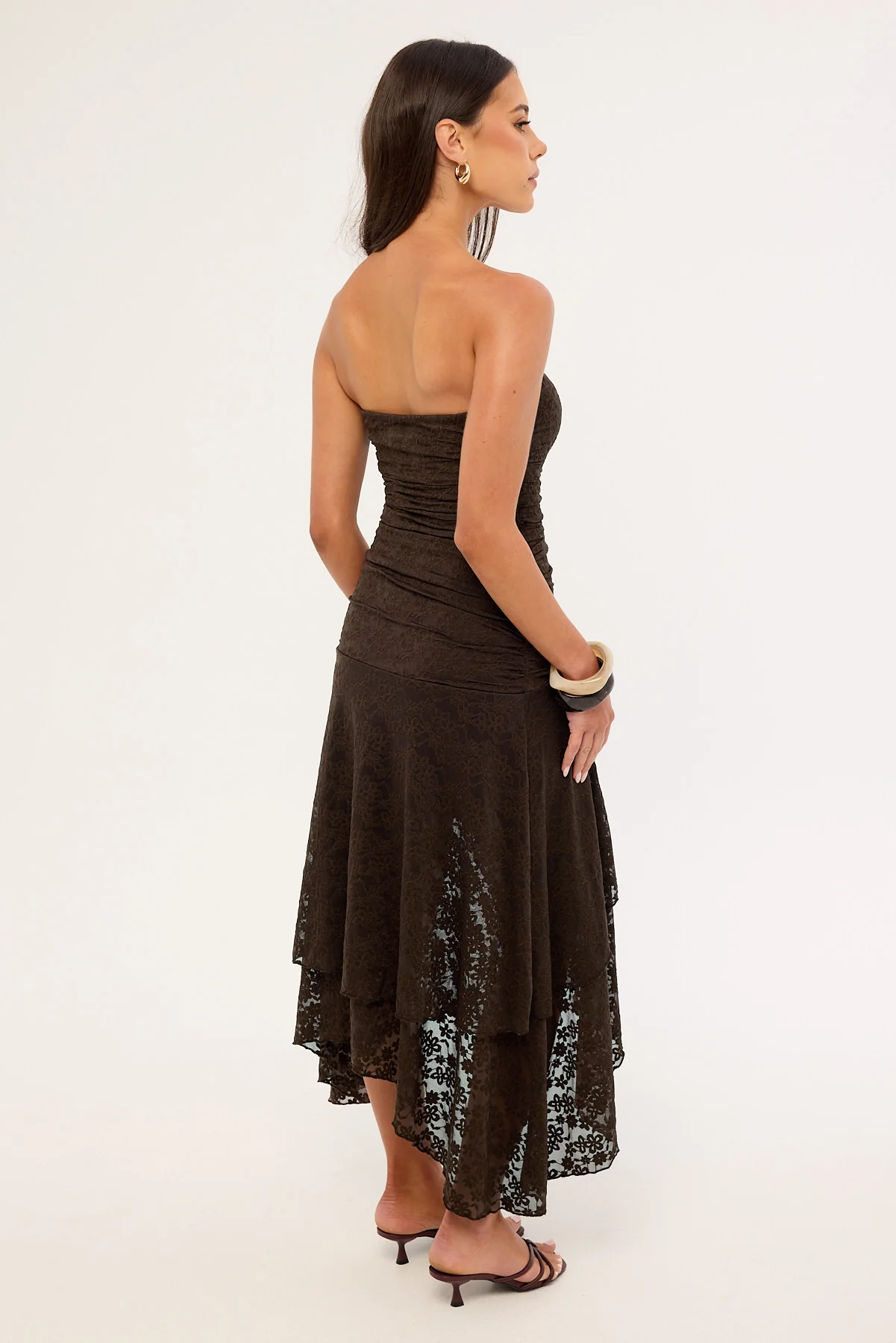 Luck & Trouble Malia Lace Strapless Asymmetrical Midi Dress Brown - Image 5
