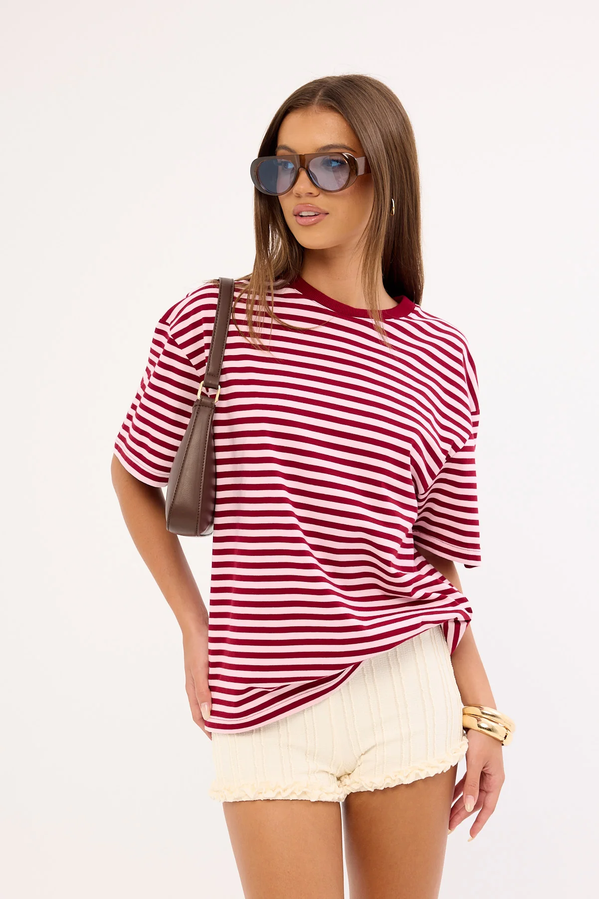Luck & Trouble Margot Stripe Relaxed T-shirt Pink and Burgundy