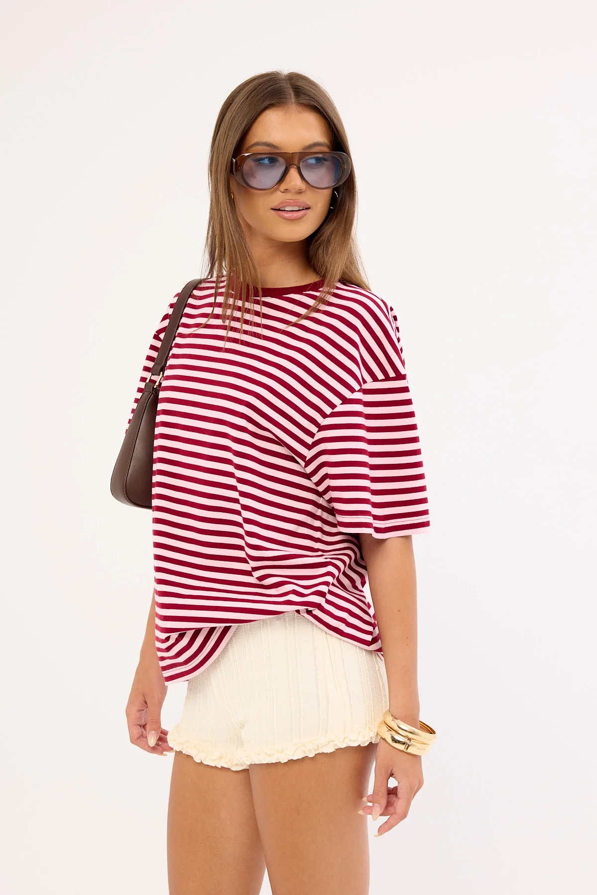 Luck & Trouble Margot Stripe Relaxed T-shirt Pink and Burgundy - Image 3