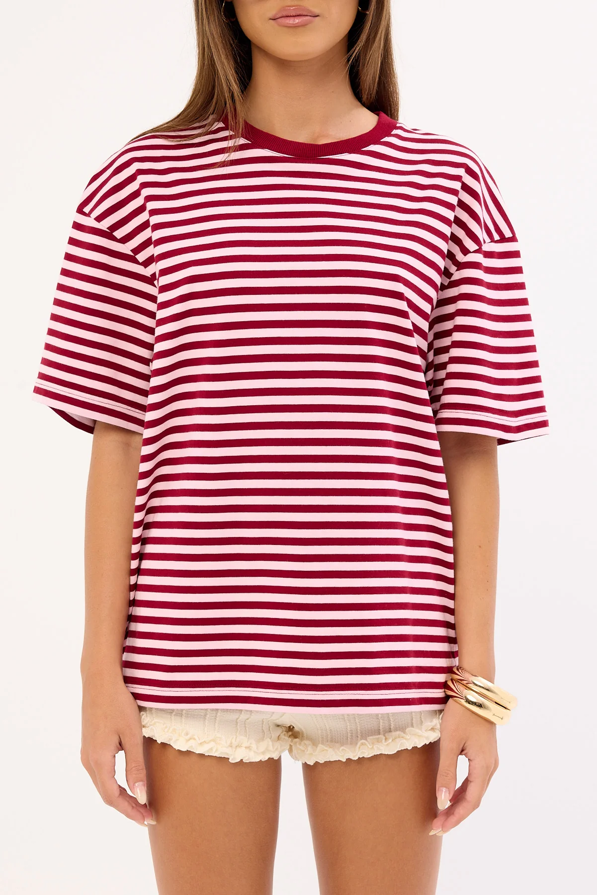 Luck & Trouble Margot Stripe Relaxed T-shirt Pink and Burgundy - Image 5