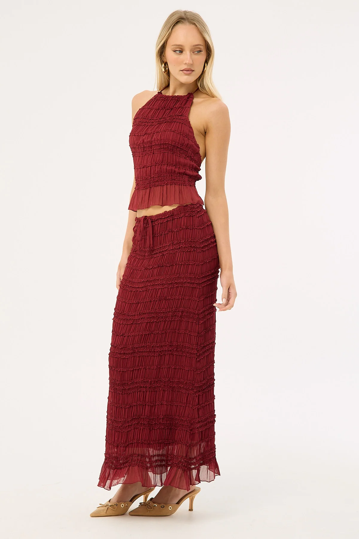 Luck & Trouble Marisole Gathered Maxi Skirt Burgundy - Image 2
