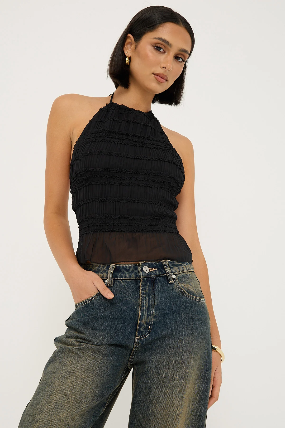 Luck & Trouble Marisole Halter Gathered Tie Top Black - Image 2