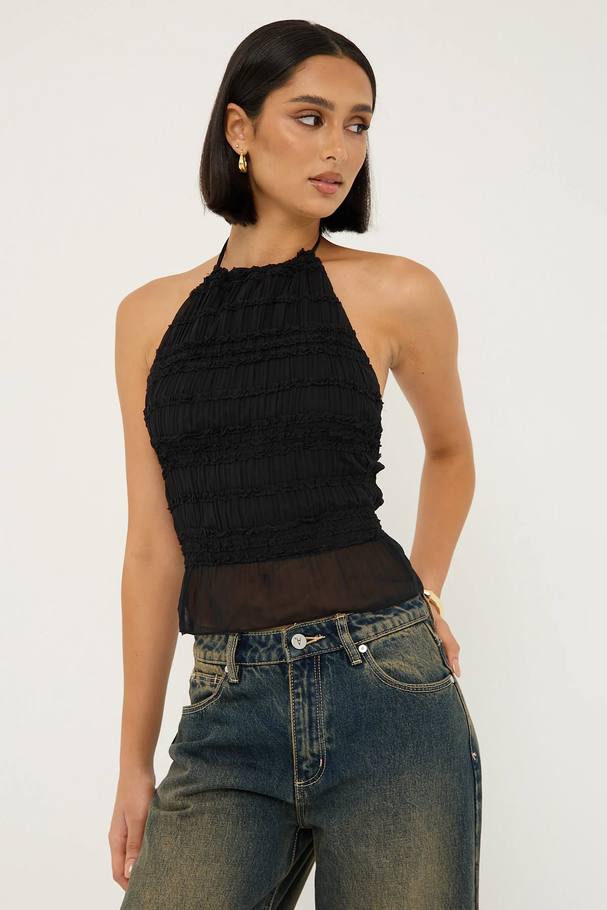 Luck & Trouble Marisole Halter Gathered Tie Top Black - Image 6