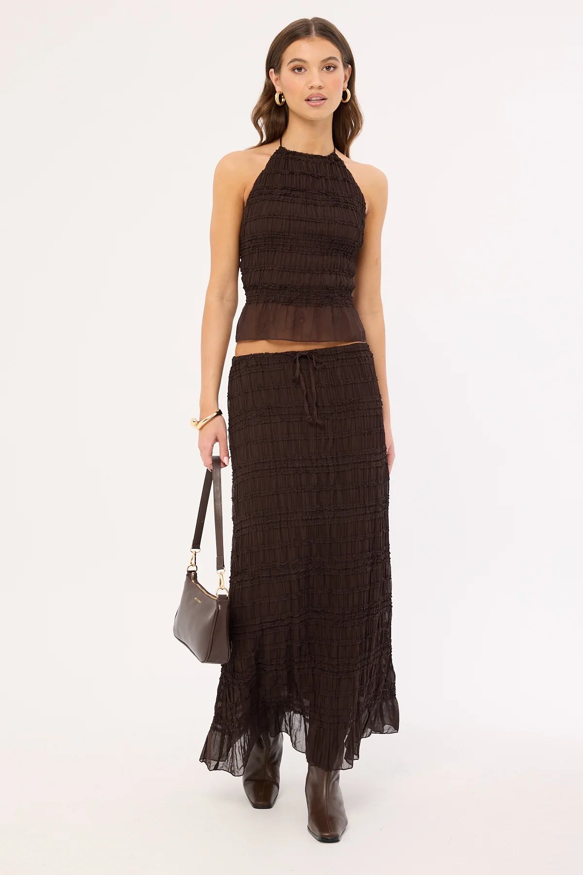 Luck & Trouble Marisole Halter Gathered Tie Top Brown - Image 2