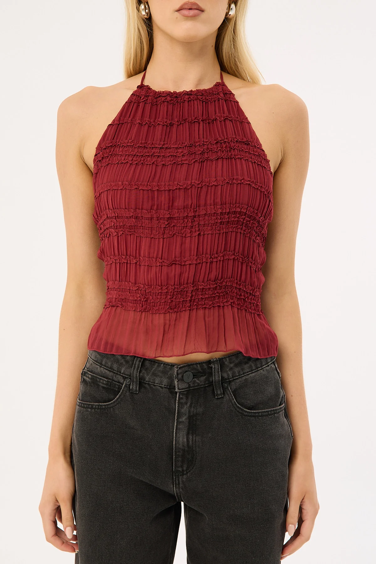 Luck & Trouble Marisole Halter Gathered Tie Top Burgundy - Image 10