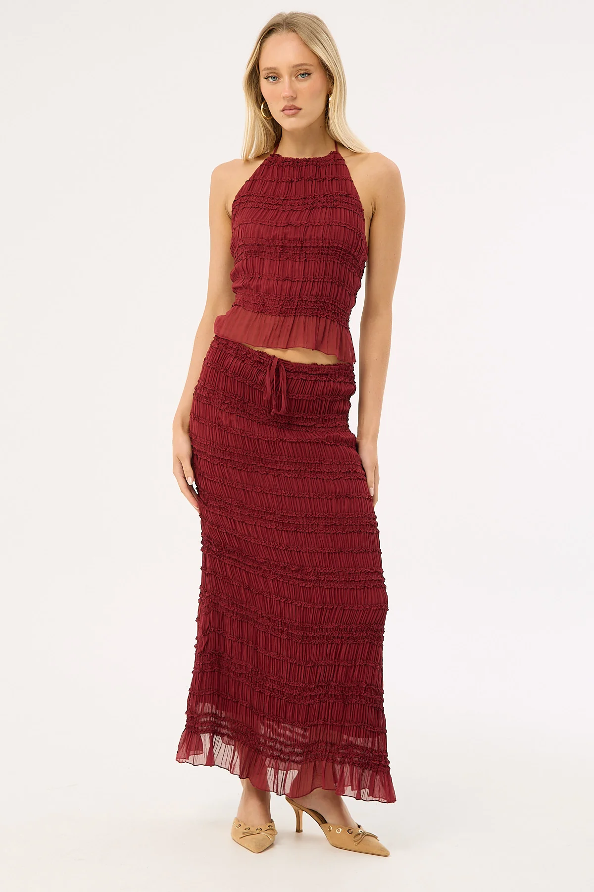 Luck & Trouble Marisole Halter Gathered Tie Top Burgundy - Image 8