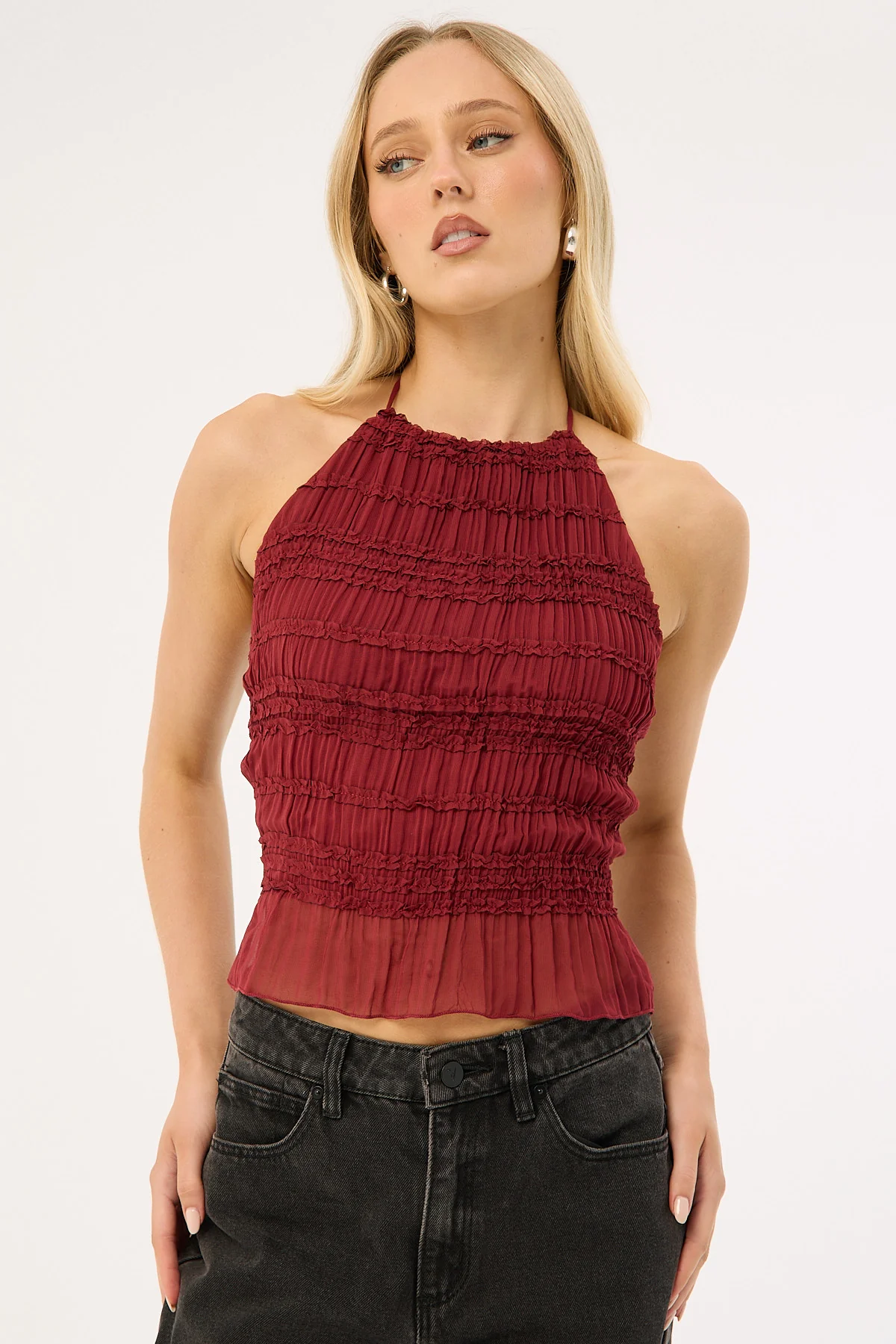 Luck & Trouble Marisole Halter Gathered Tie Top Burgundy - Image 9