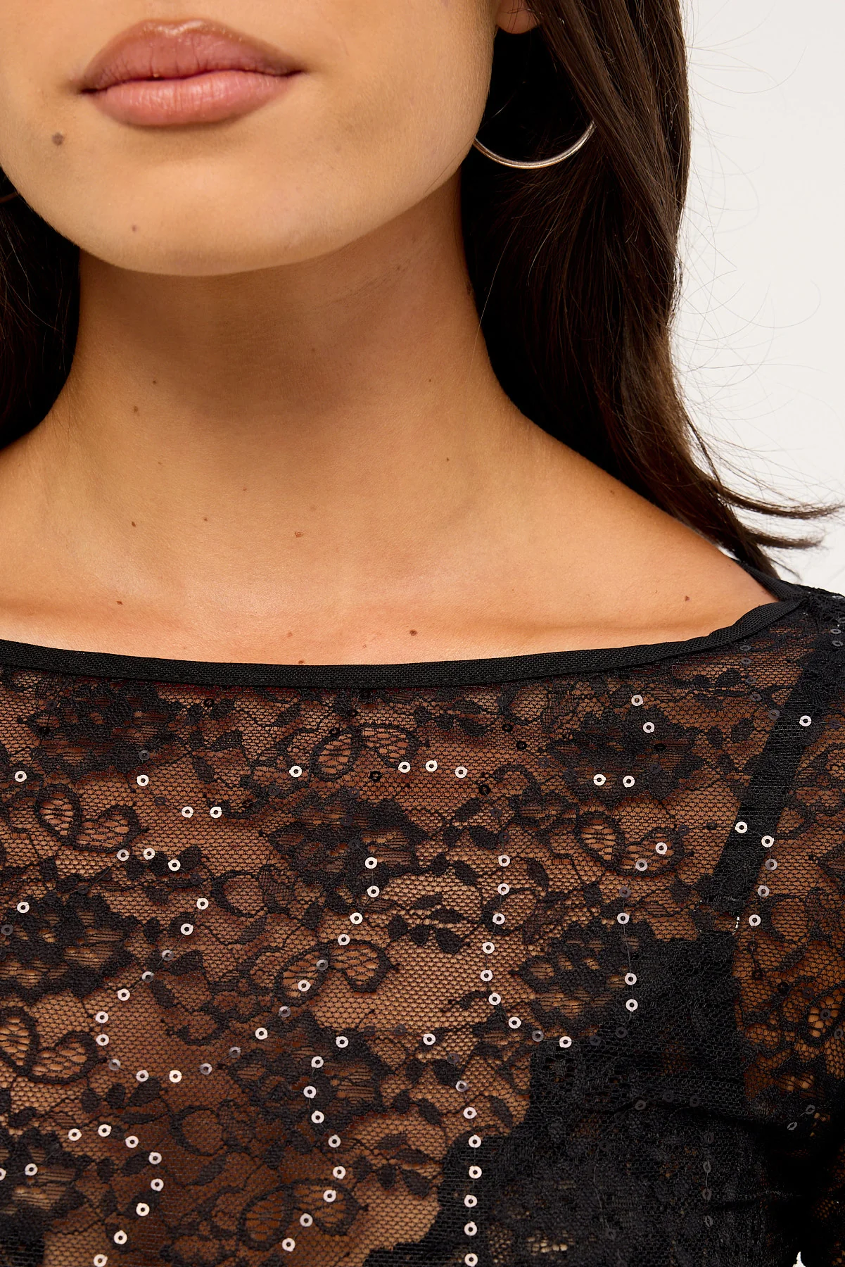 Luck & Trouble Mia Sequin Lace Long Sleeve Top Black - Image 3
