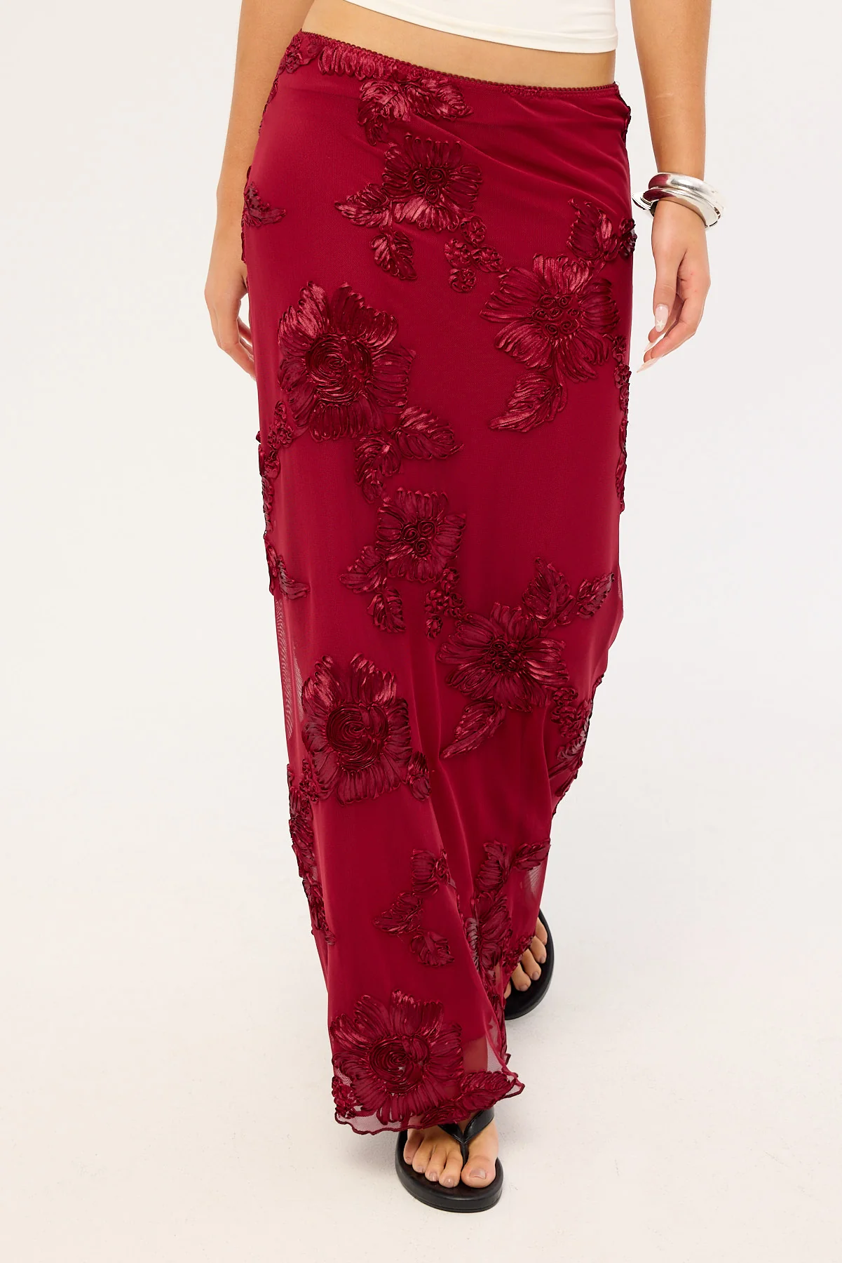 Luck & Trouble Nia Applique Mid Rise Maxi Skirt Burgundy - Image 2