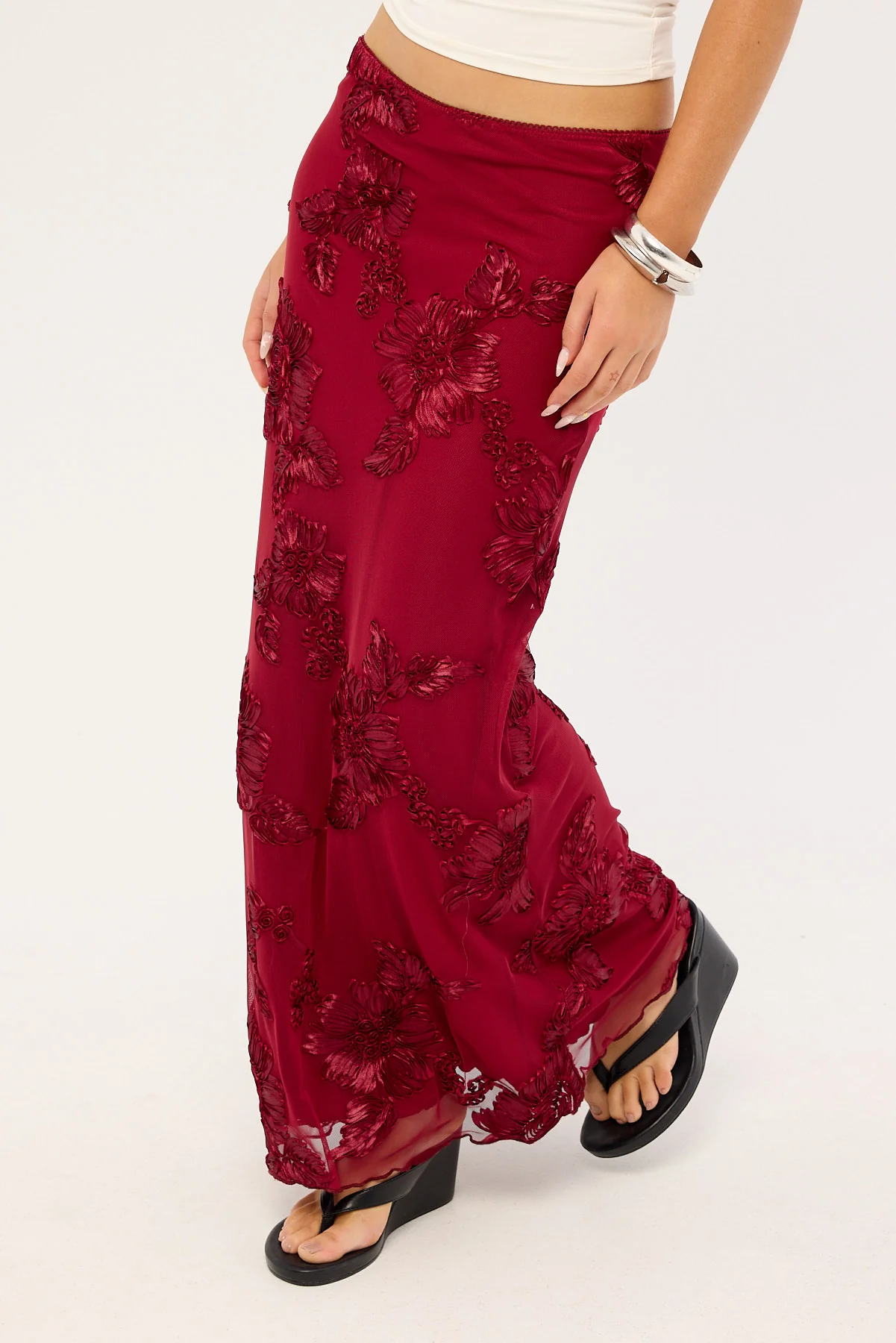 Luck & Trouble Nia Applique Mid Rise Maxi Skirt Burgundy - Image 3