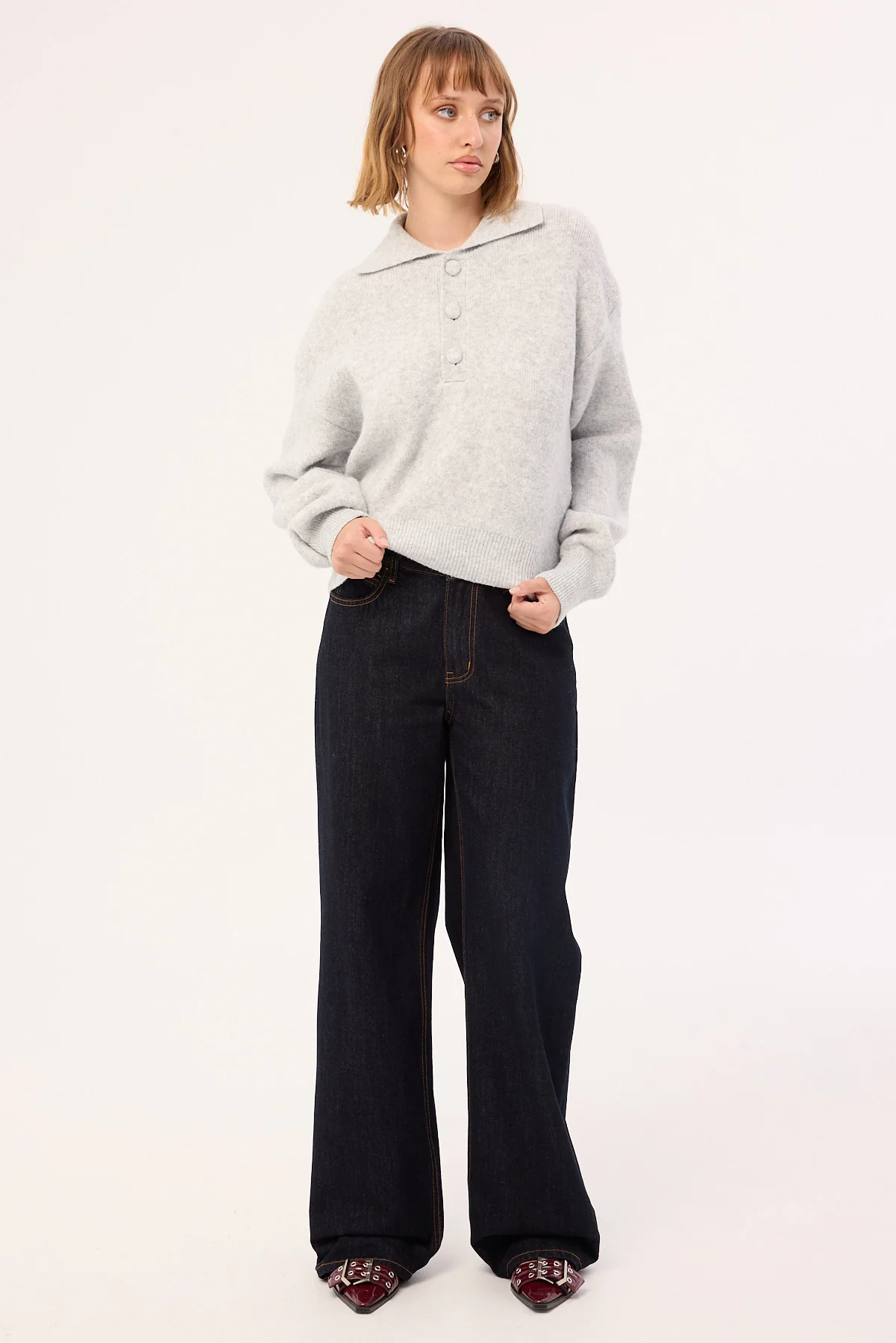 Luck & Trouble Orla Button Collar Knit Jumper Grey - Image 2