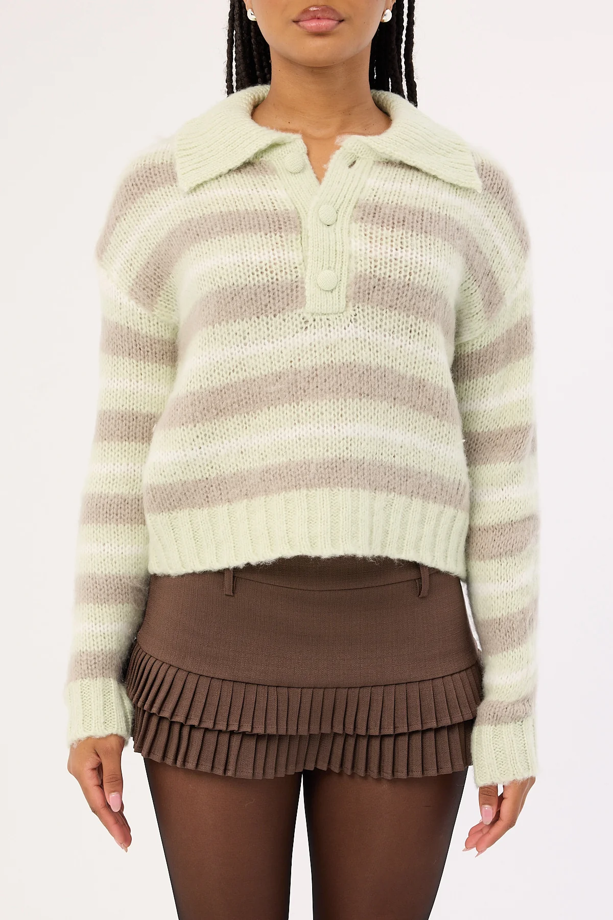 Luck & Trouble Orla Button Collar Knit Jumper Mint Stripe - Image 7