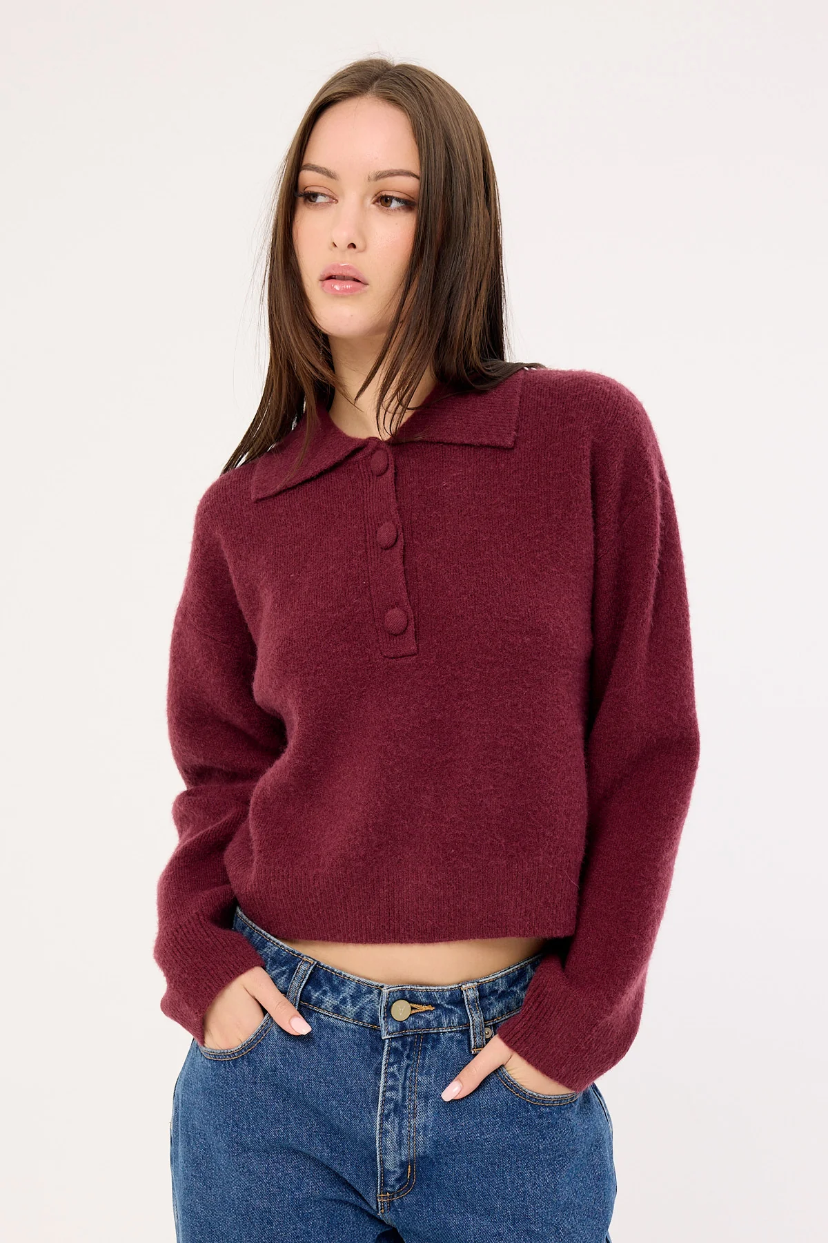 Luck & Trouble Orla Button Collar Knit Jumper Plum - Image 2