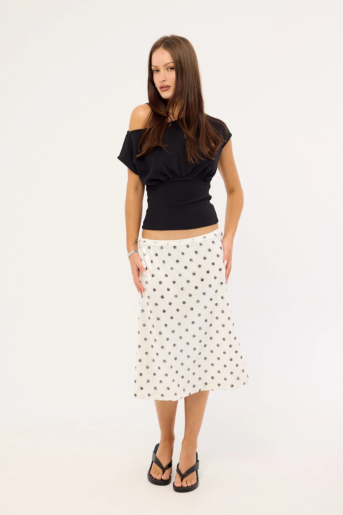 Luck & Trouble Posey Sequin Polka Midi Skirt White Polka - Image 2