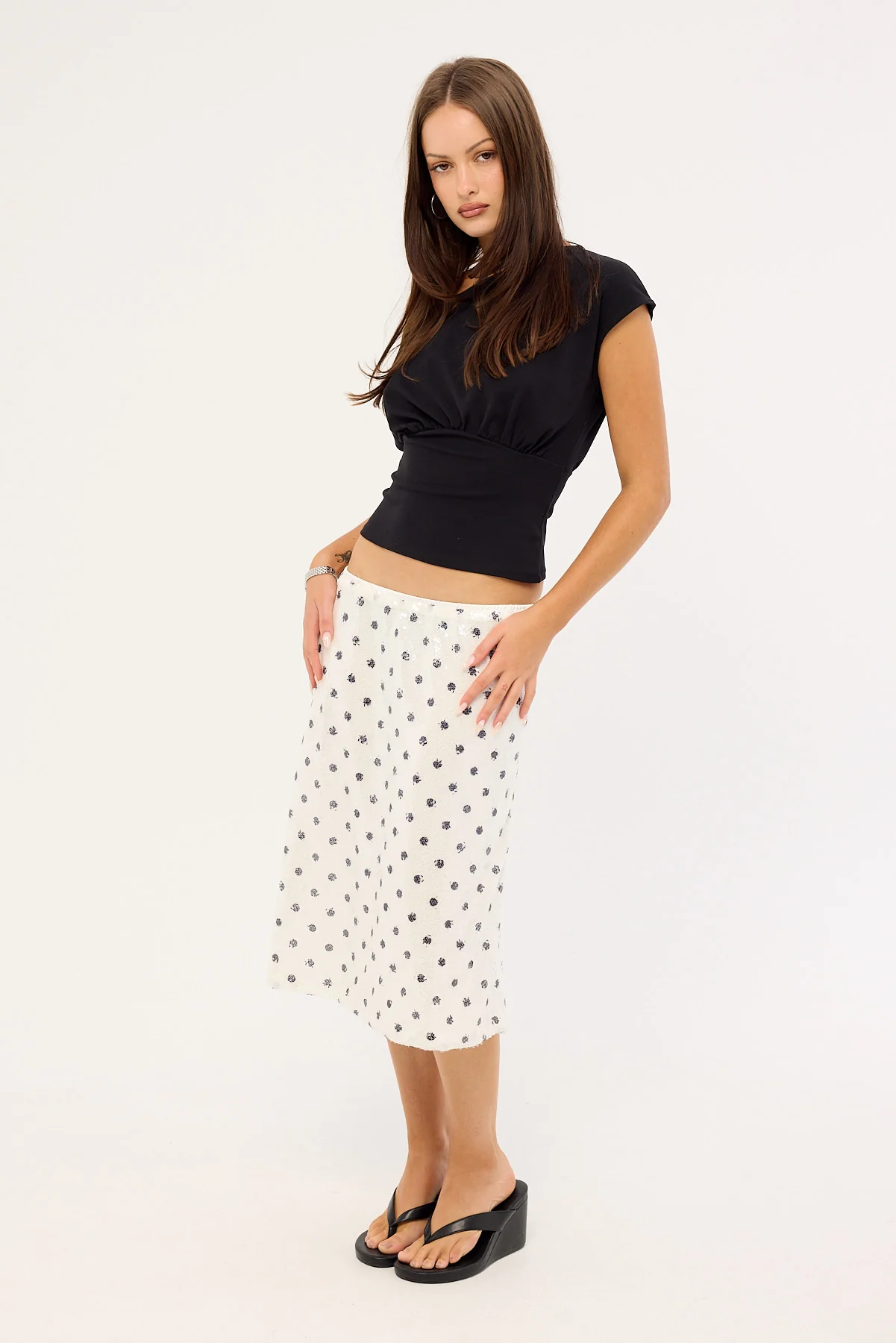 Luck & Trouble Posey Sequin Polka Midi Skirt White Polka - Image 5